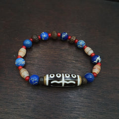 8 eyes old himalayan tibetan agate dzi and yak bone bead unique pattern bracelet