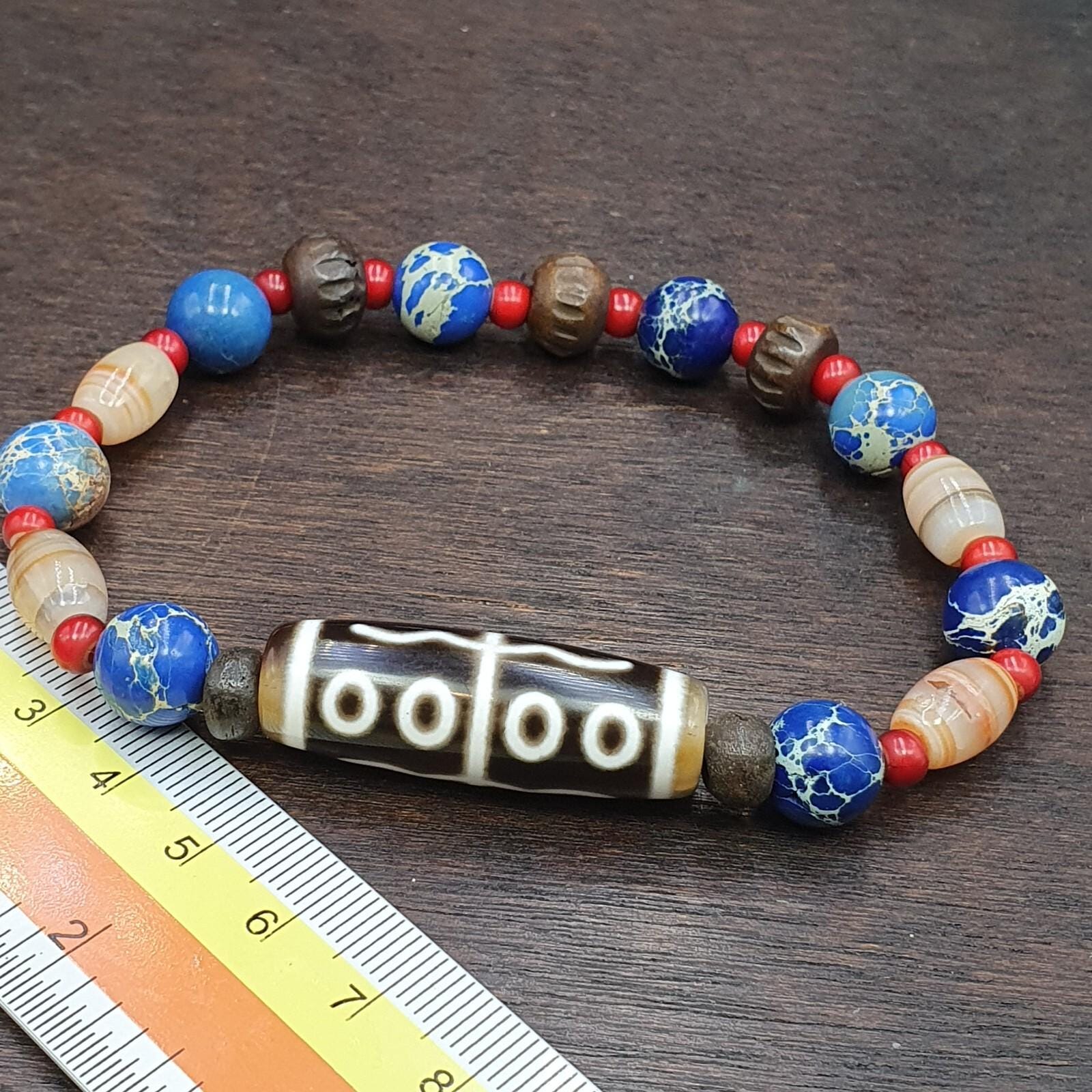 8 eyes old himalayan tibetan agate dzi and yak bone bead unique pattern bracelet