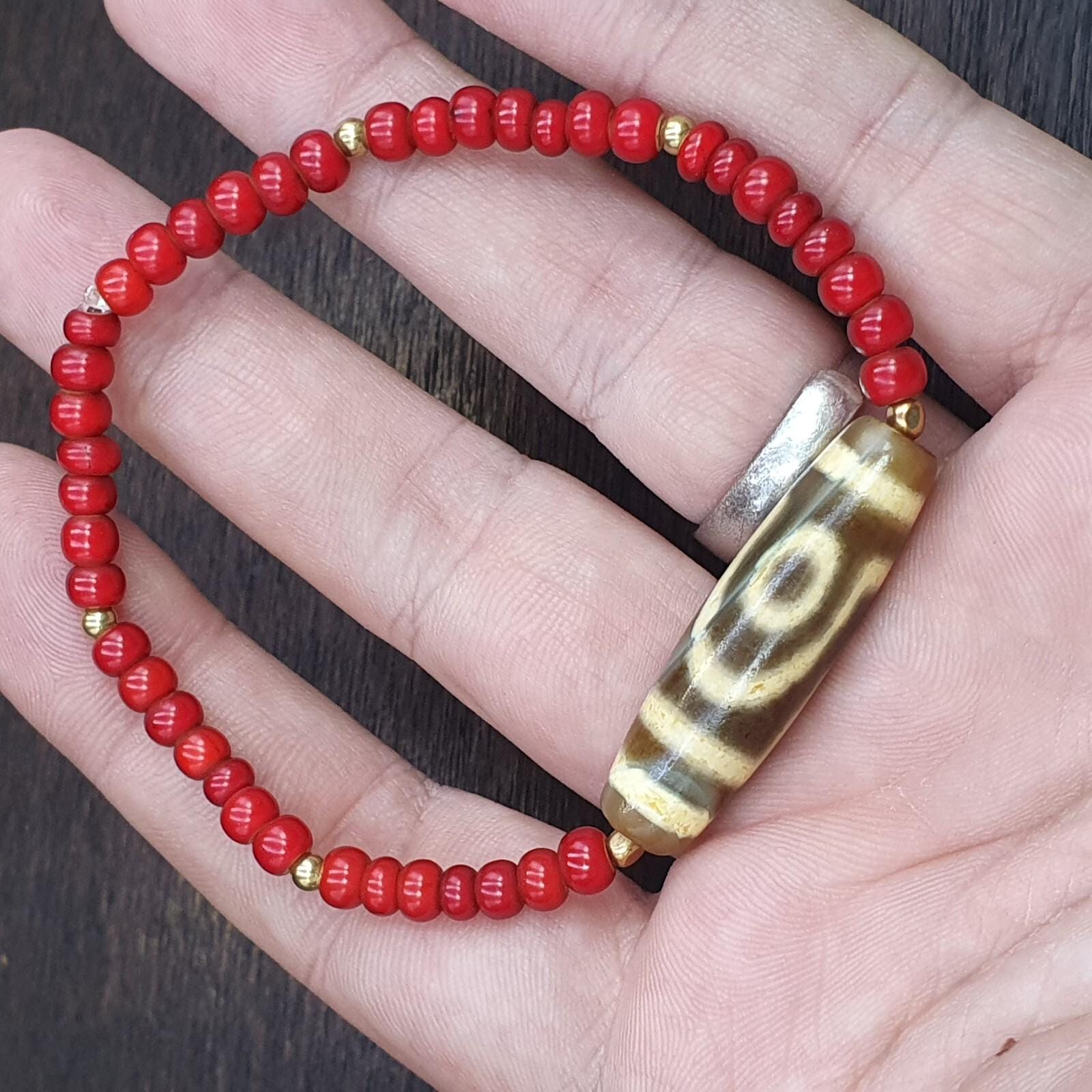 2 slide eyes old himalayan tibetan agate dzi bead unique pattern bracelet