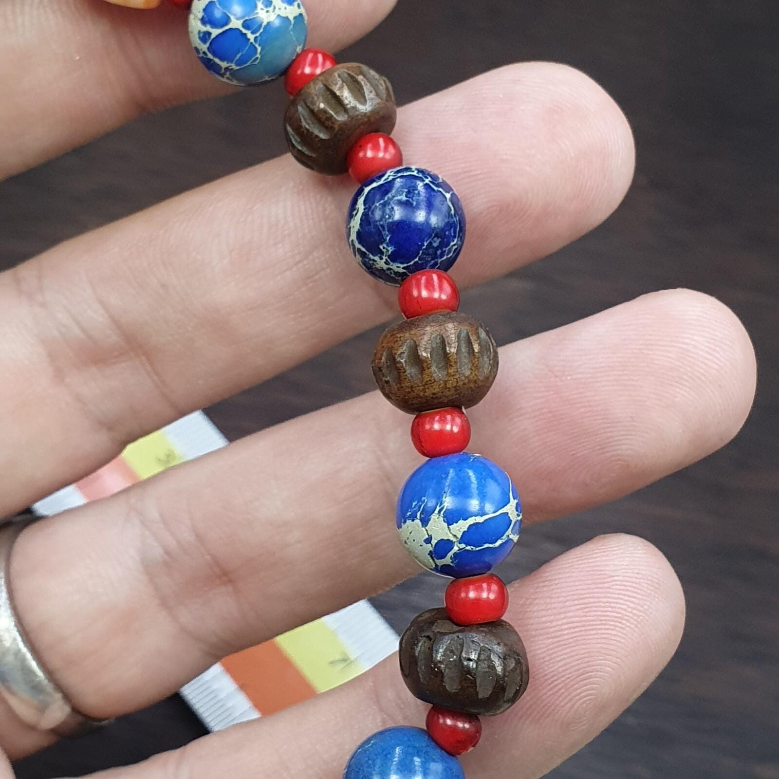 8 eyes old himalayan tibetan agate dzi and yak bone bead unique pattern bracelet