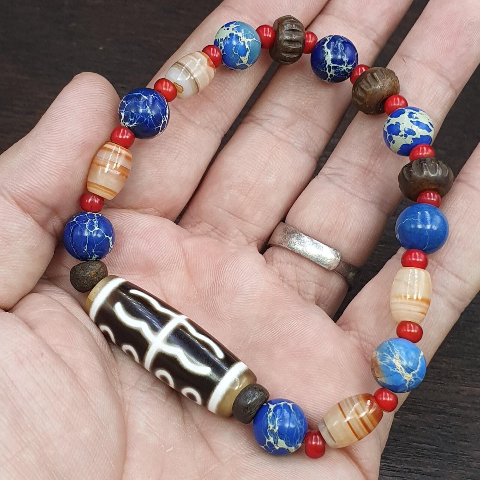 8 eyes old himalayan tibetan agate dzi and yak bone bead unique pattern bracelet