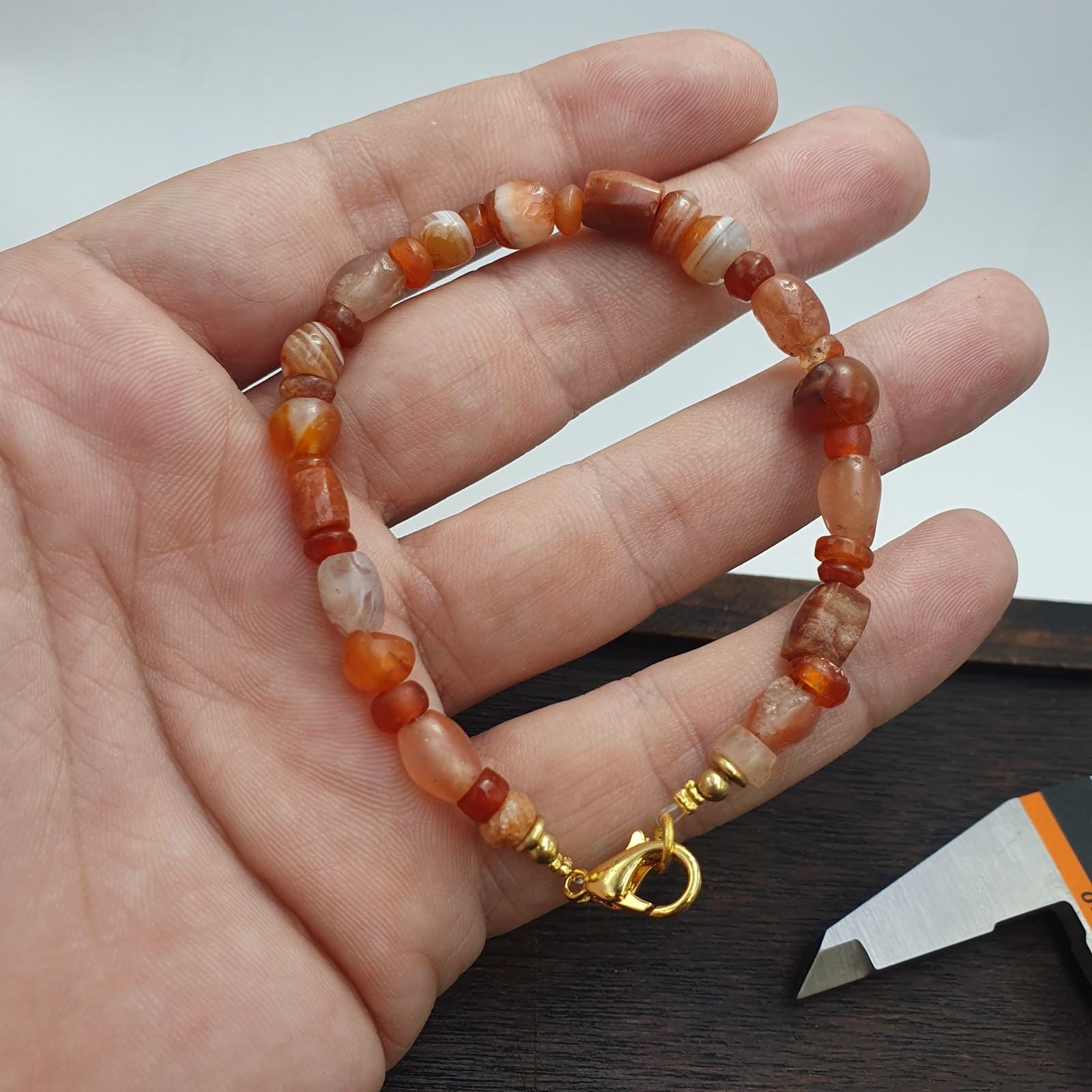 Ancient antique agate carnelian beads beaded bracelet #jn-br4