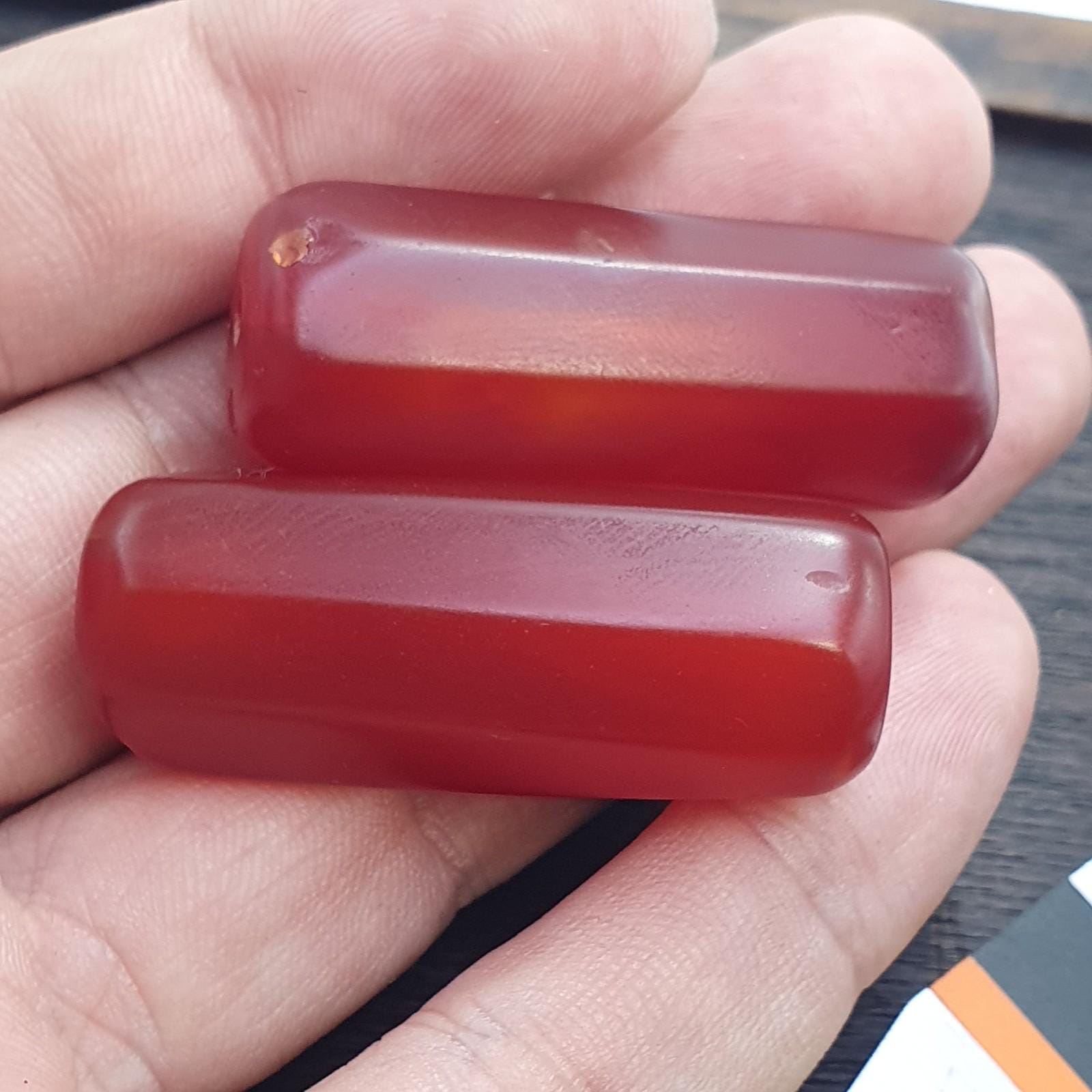 2 huge vintage himalayan red agate tube beads lot