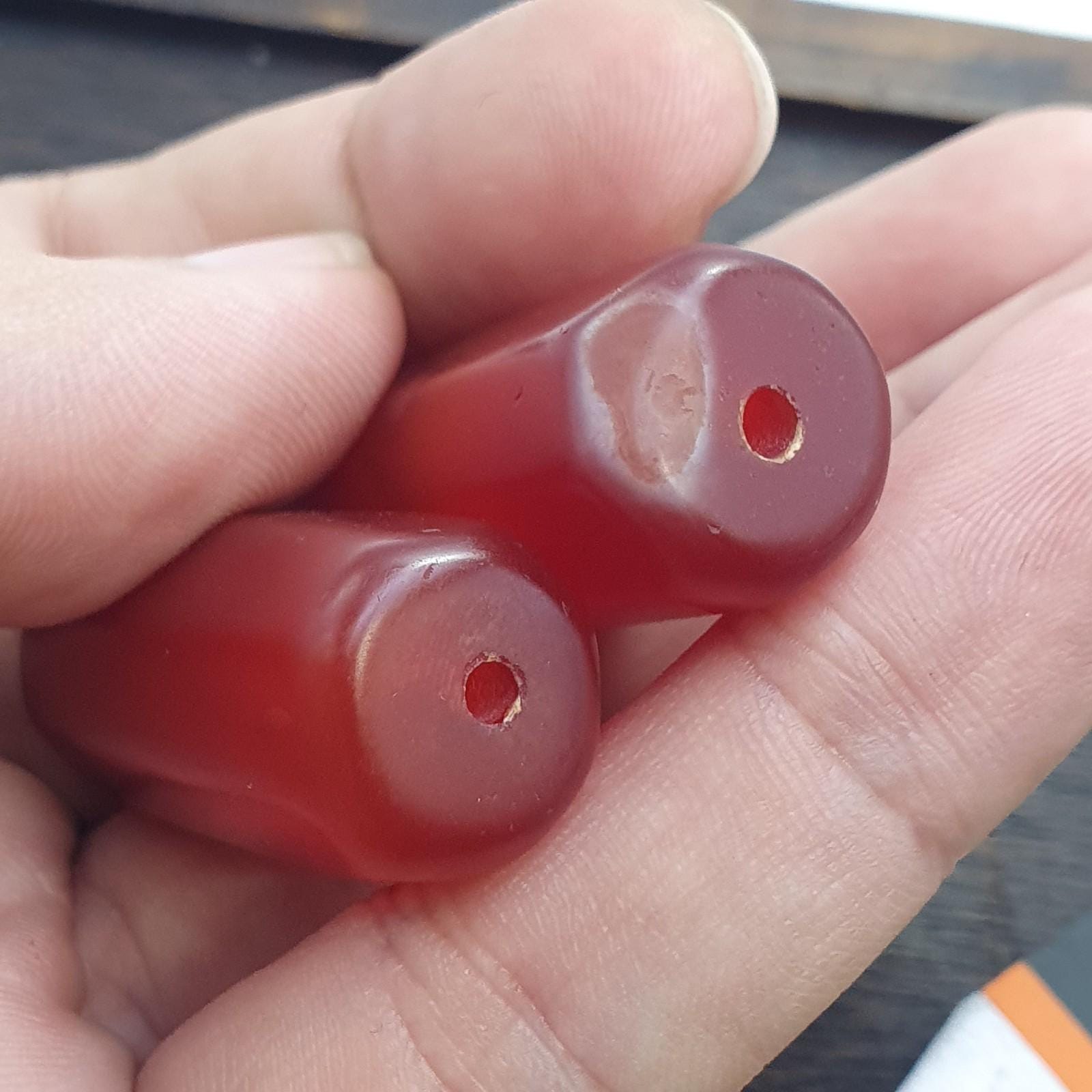 2 huge vintage himalayan red agate tube beads lot
