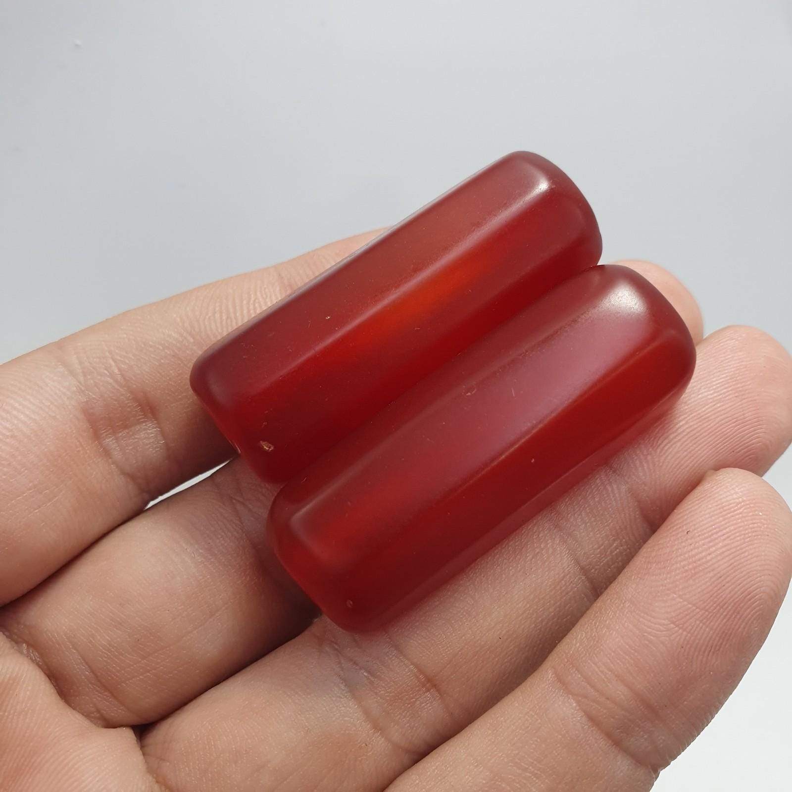 2 huge vintage himalayan red agate tube beads lot