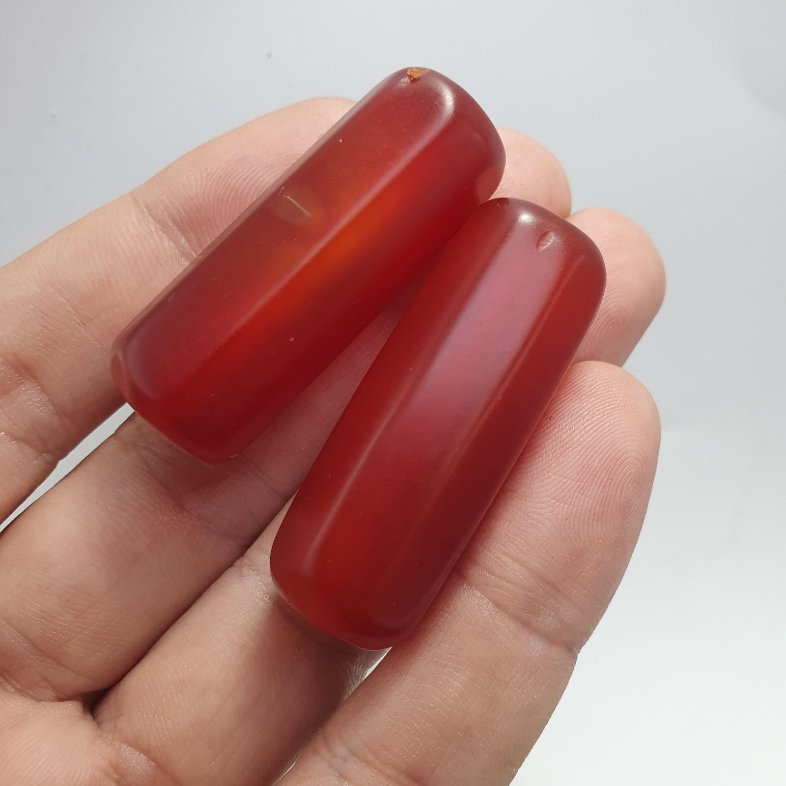 2 huge vintage himalayan red agate tube beads lot