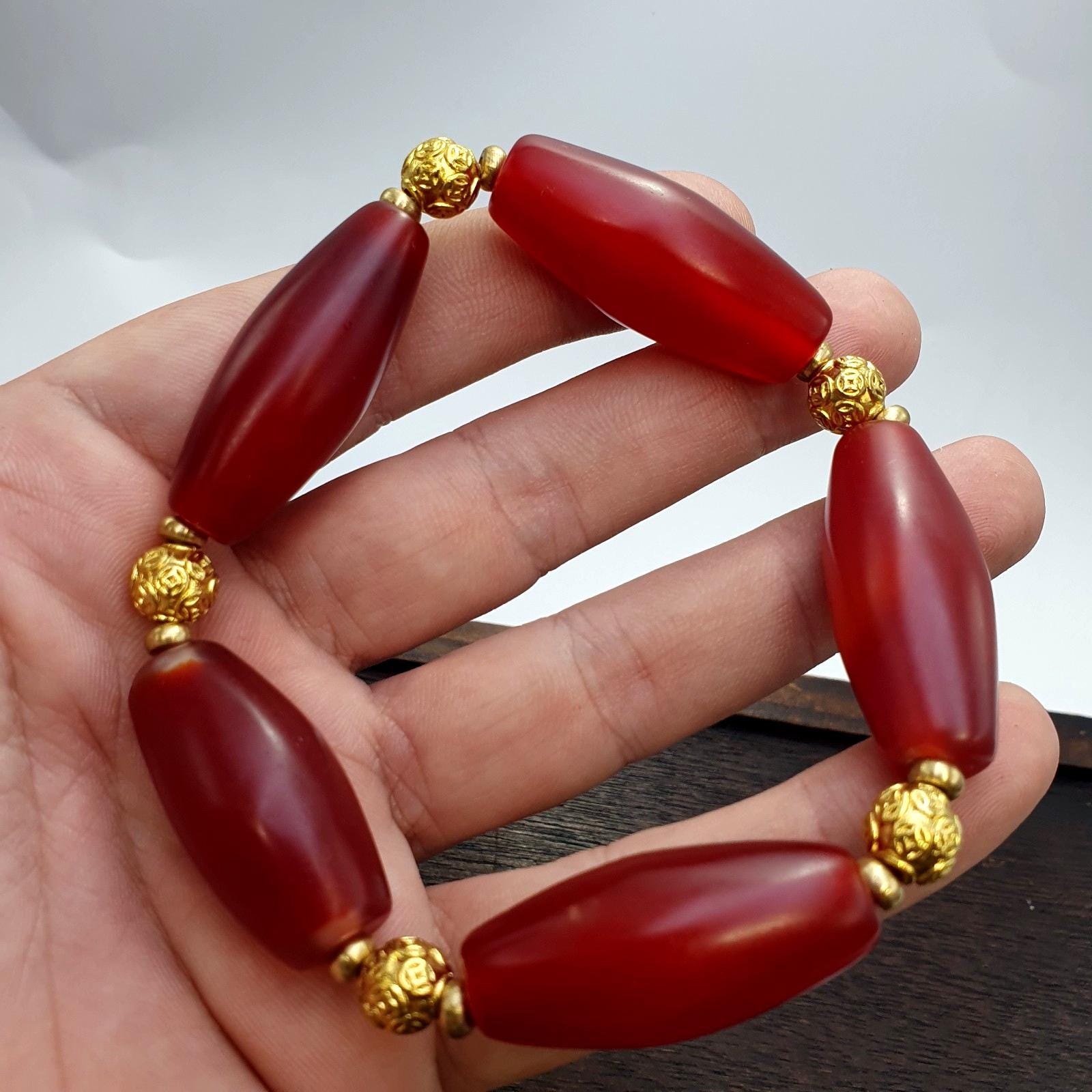 Vintage himalayan red agate bracelet – tibetan carnelian beads,