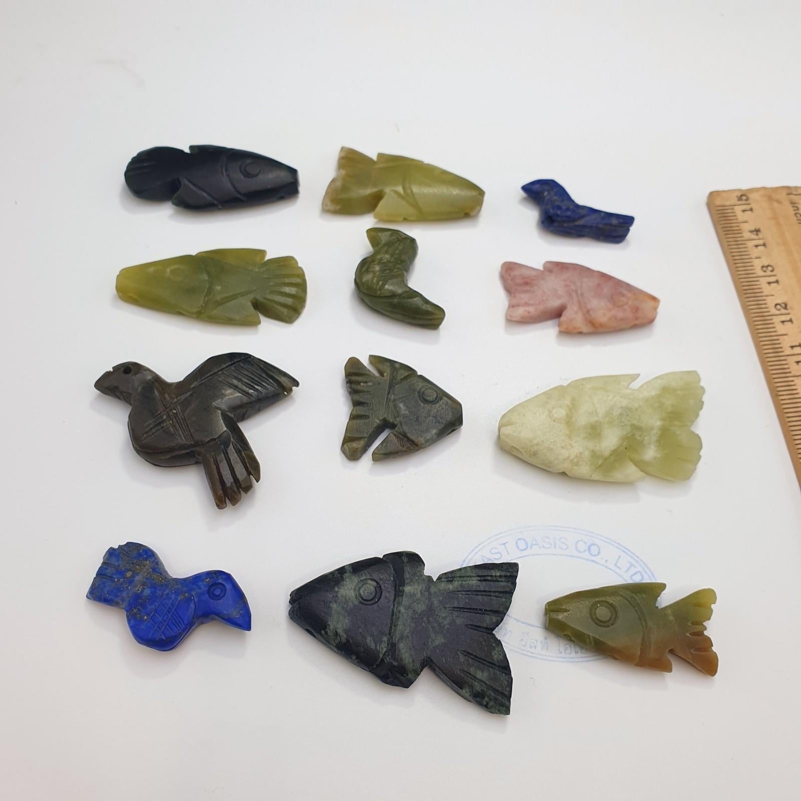 12 pcs vintage lapis lazuli, jade crystal stone birds fish amulets pendants