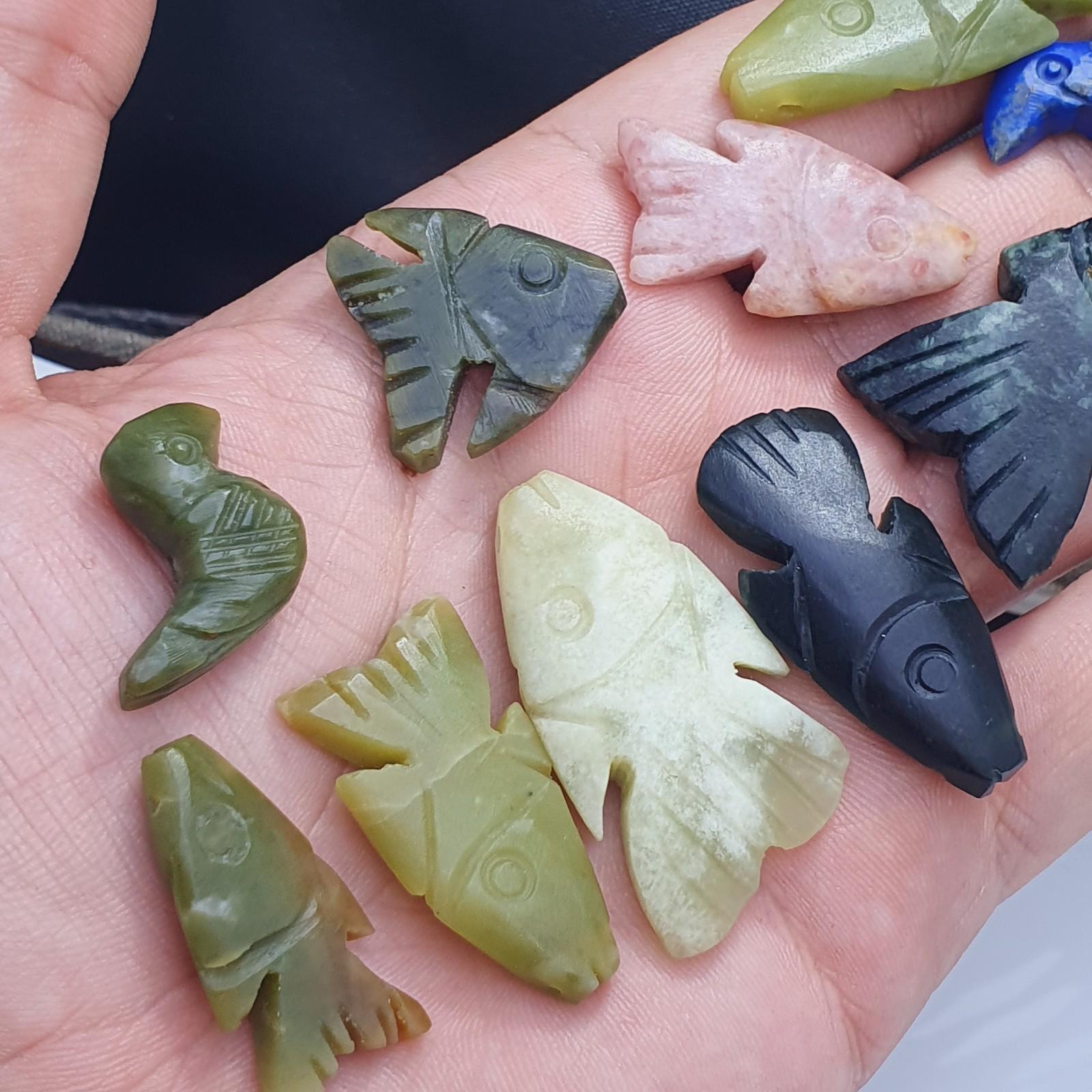12 pcs vintage lapis lazuli, jade crystal stone birds fish amulets pendants