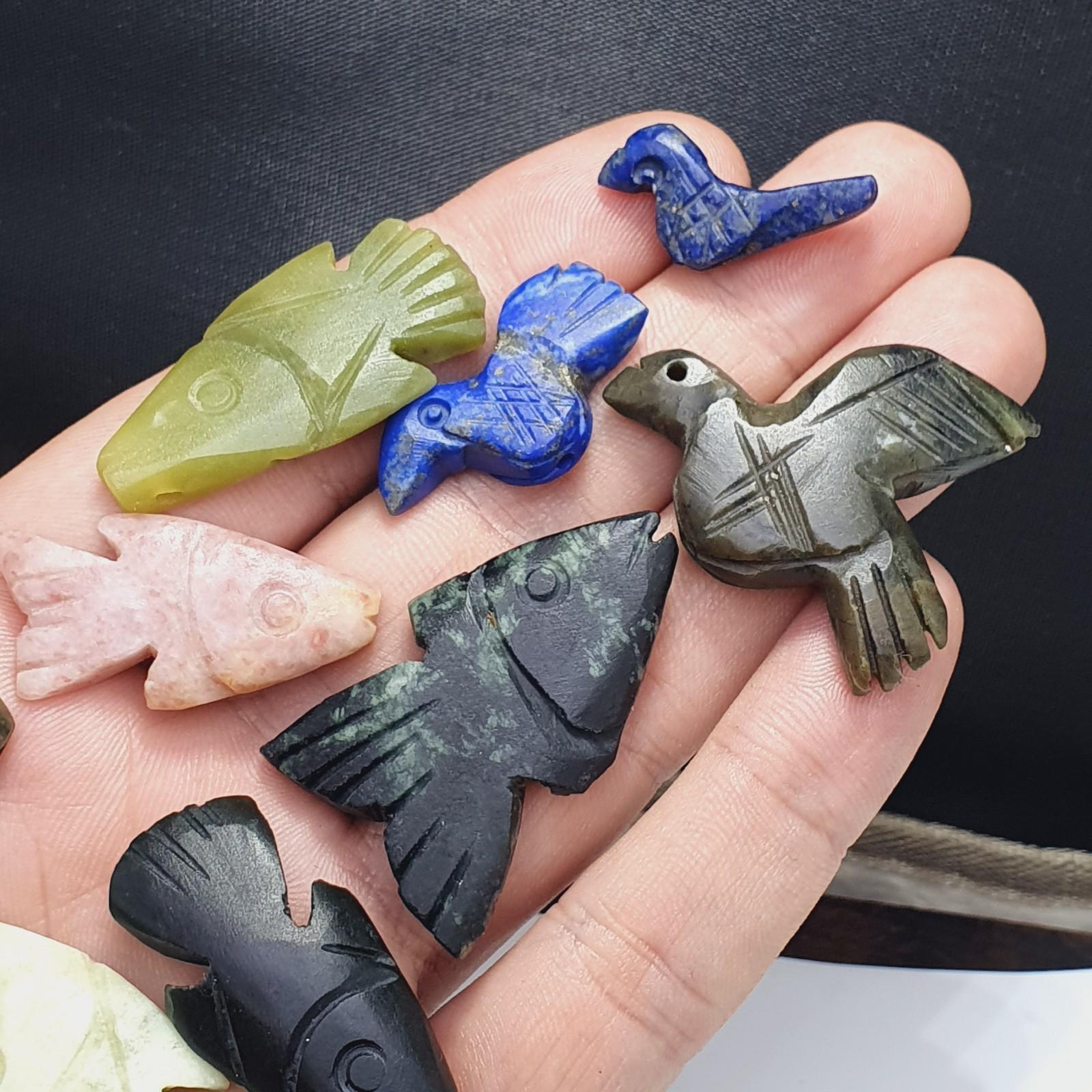12 pcs vintage lapis lazuli, jade crystal stone birds fish amulets pendants