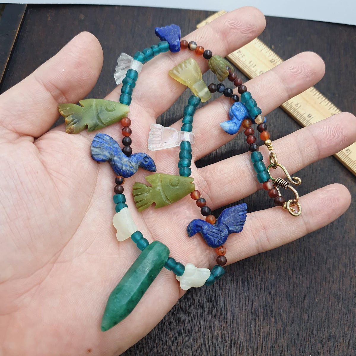 Vintage amazonite, lapis lazuli, jade crystal stone amulets pendants necklace