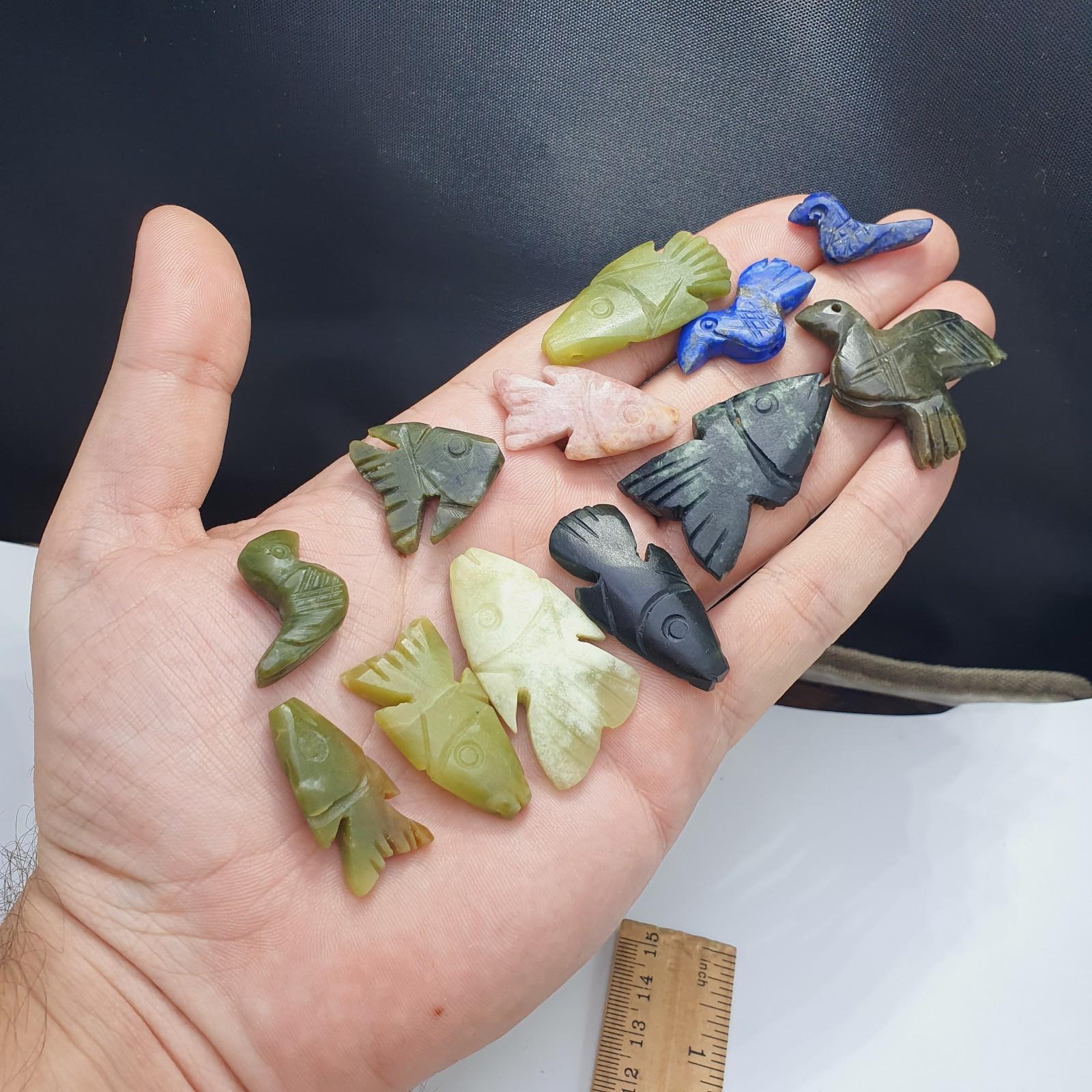 12 pcs vintage lapis lazuli, jade crystal stone birds fish amulets pendants