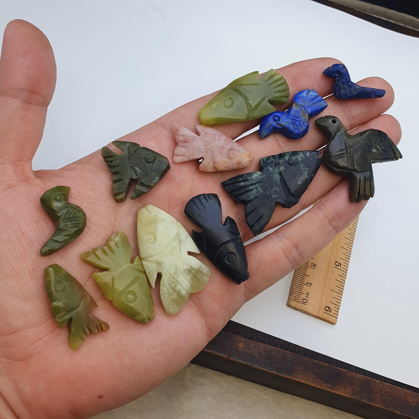 12 pcs vintage lapis lazuli, jade crystal stone birds fish amulets pendants