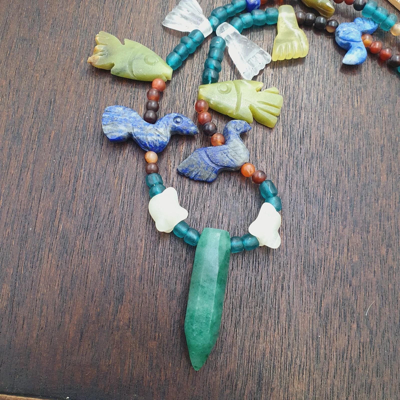 Vintage amazonite, lapis lazuli, jade crystal stone amulets pendants necklace