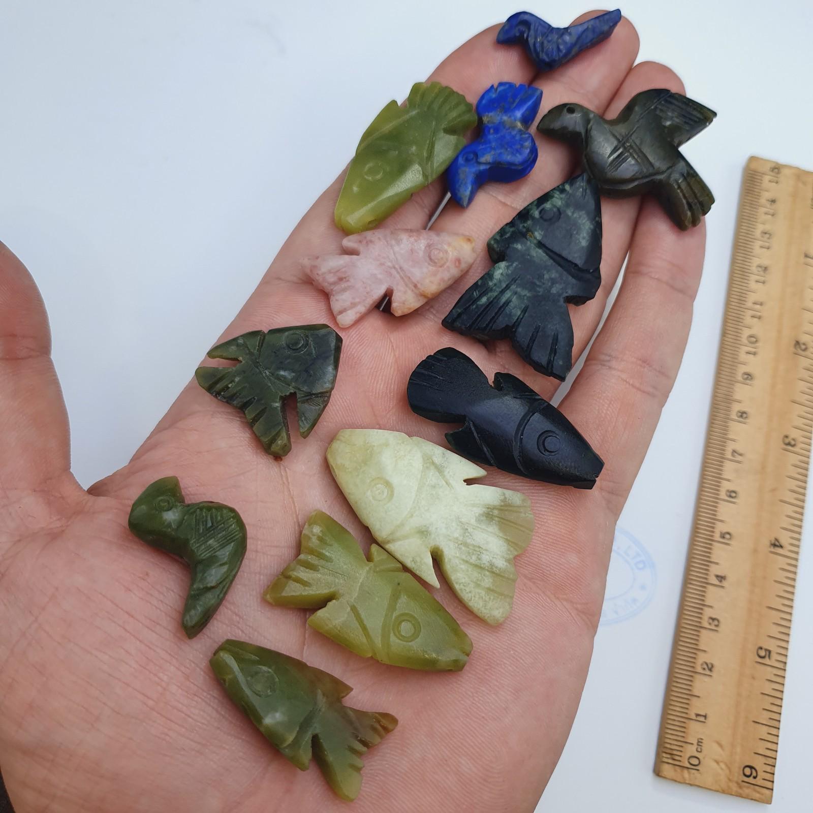 12 pcs vintage lapis lazuli, jade crystal stone birds fish amulets pendants