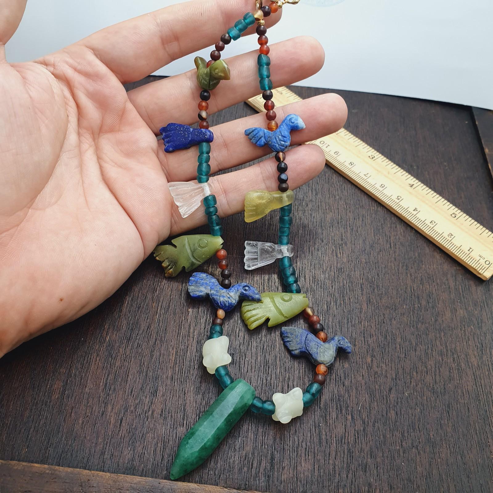 Vintage amazonite, lapis lazuli, jade crystal stone amulets pendants necklace