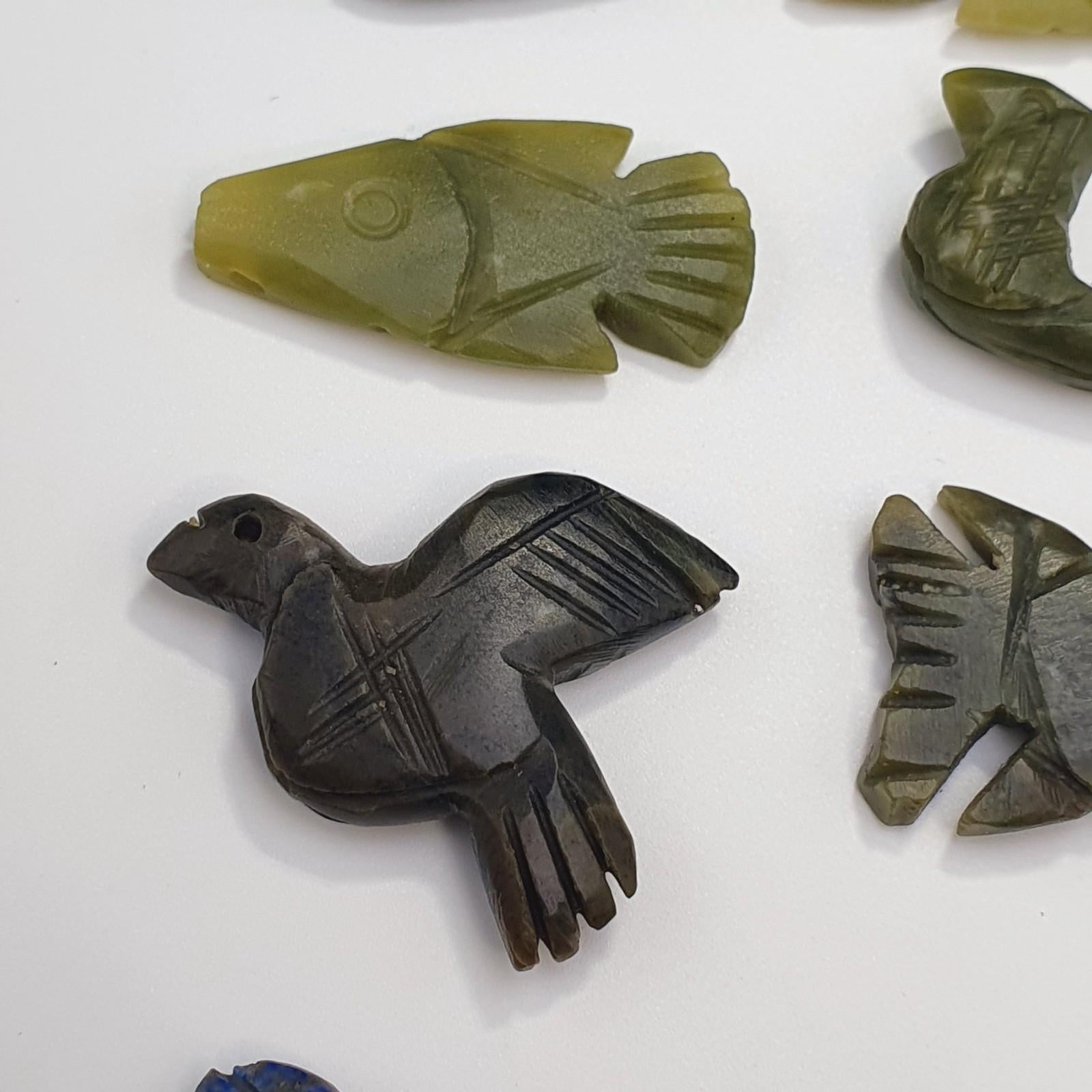 12 pcs vintage lapis lazuli, jade crystal stone birds fish amulets pendants