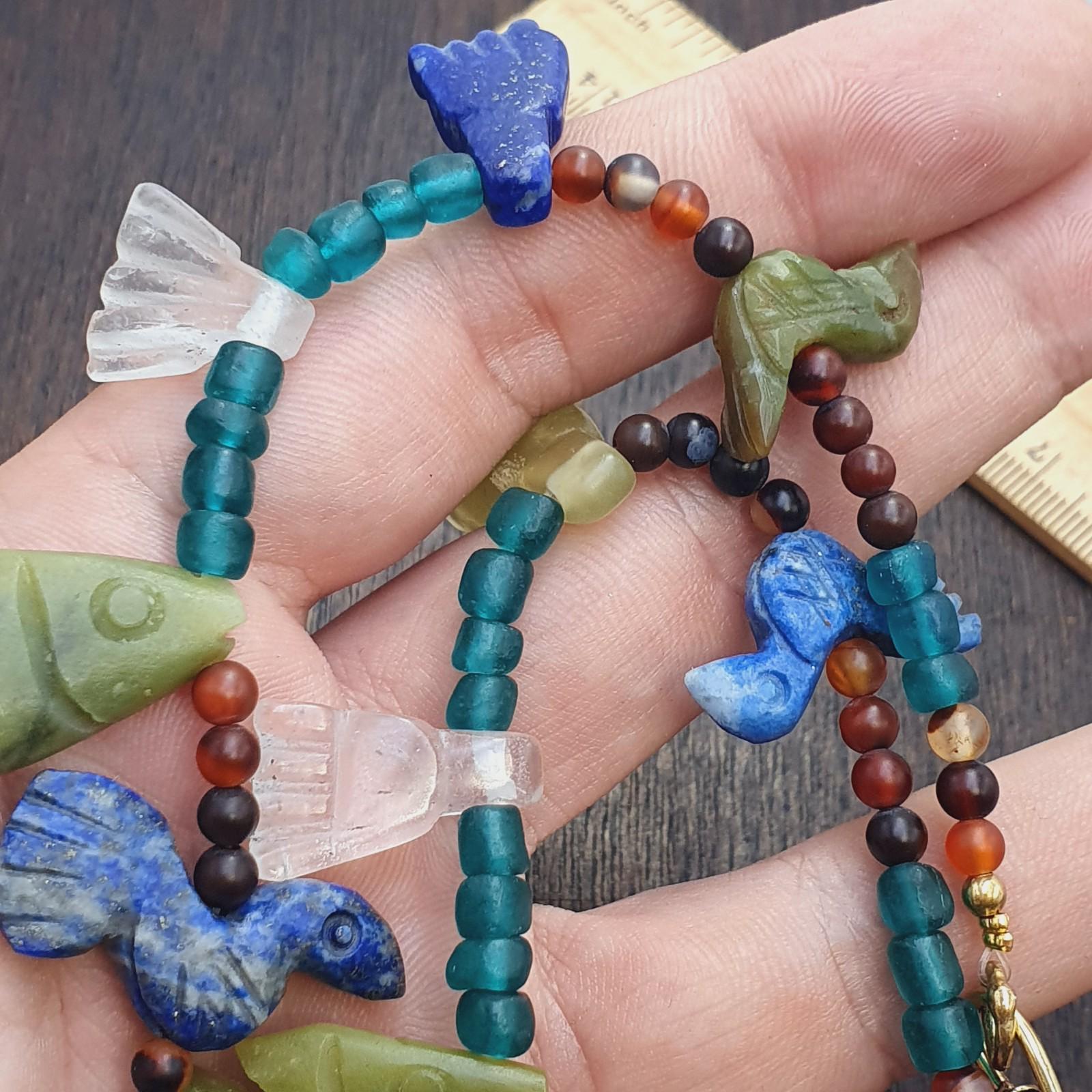 Vintage amazonite, lapis lazuli, jade crystal stone amulets pendants necklace