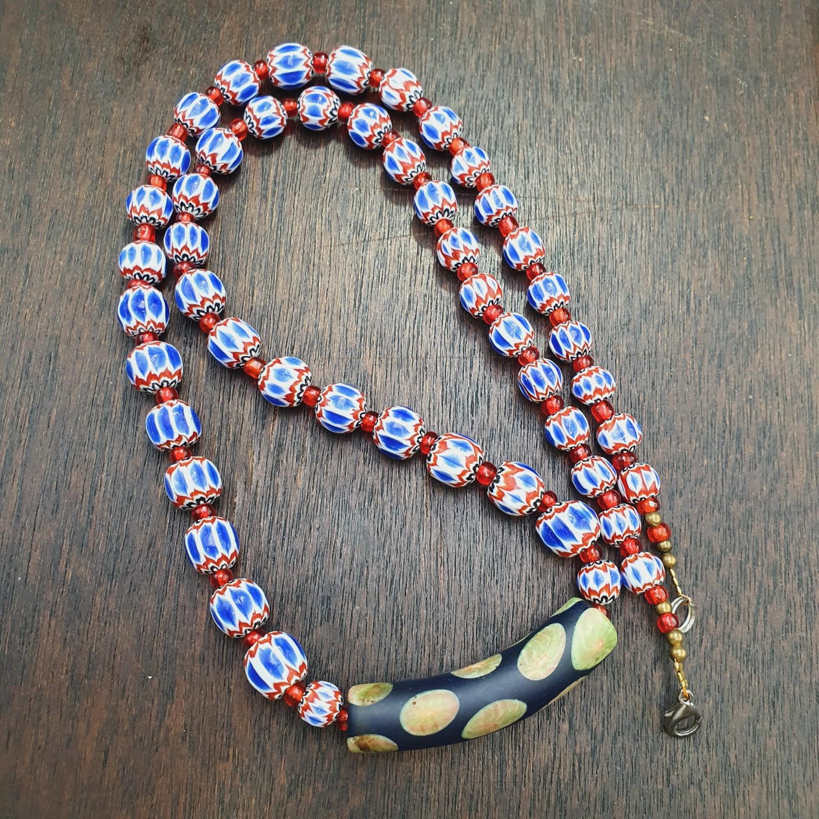 Handmade Chevron Glass Beaded Necklace, Black Floral Pendant