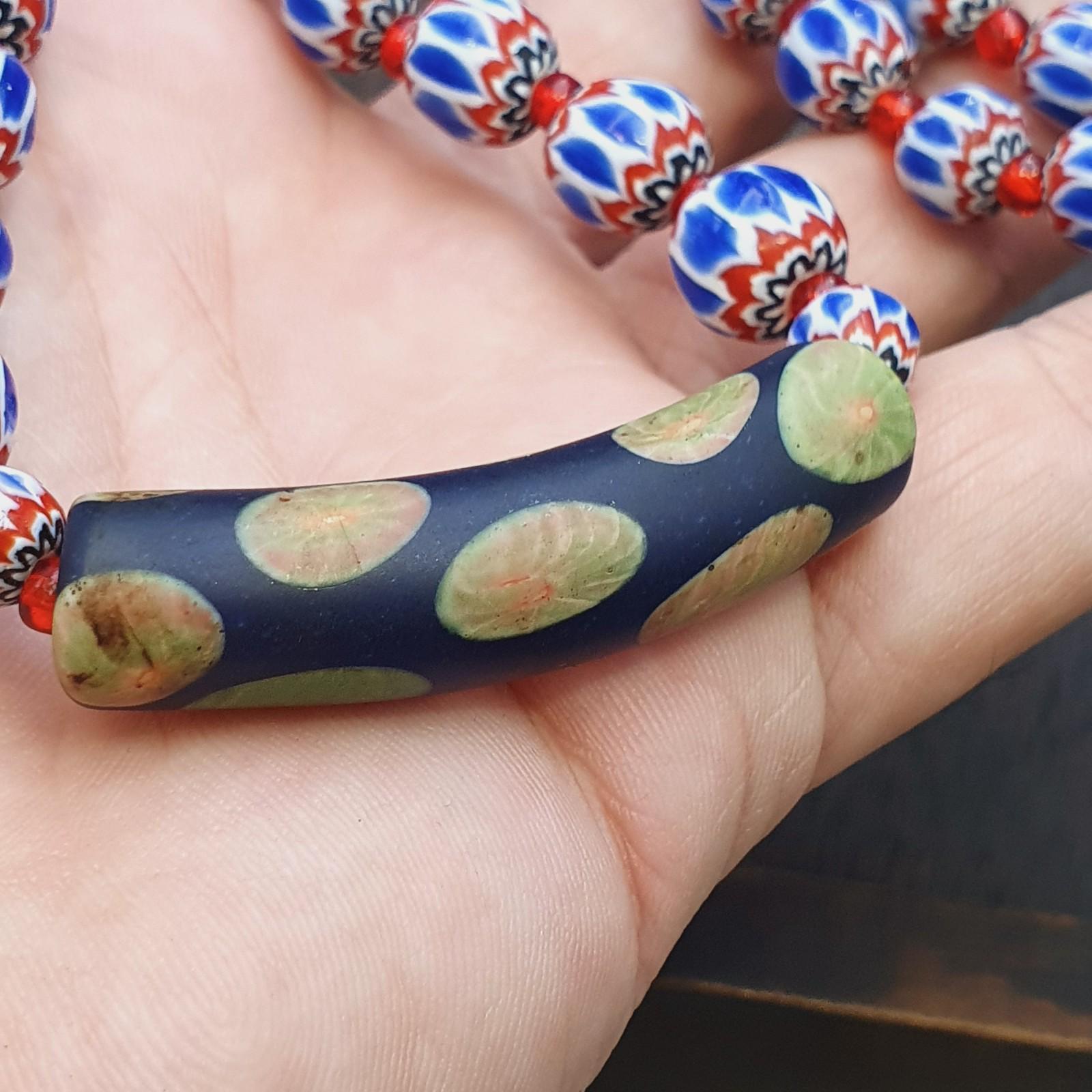 Handmade Chevron Glass Beaded Necklace, Black Floral Pendant