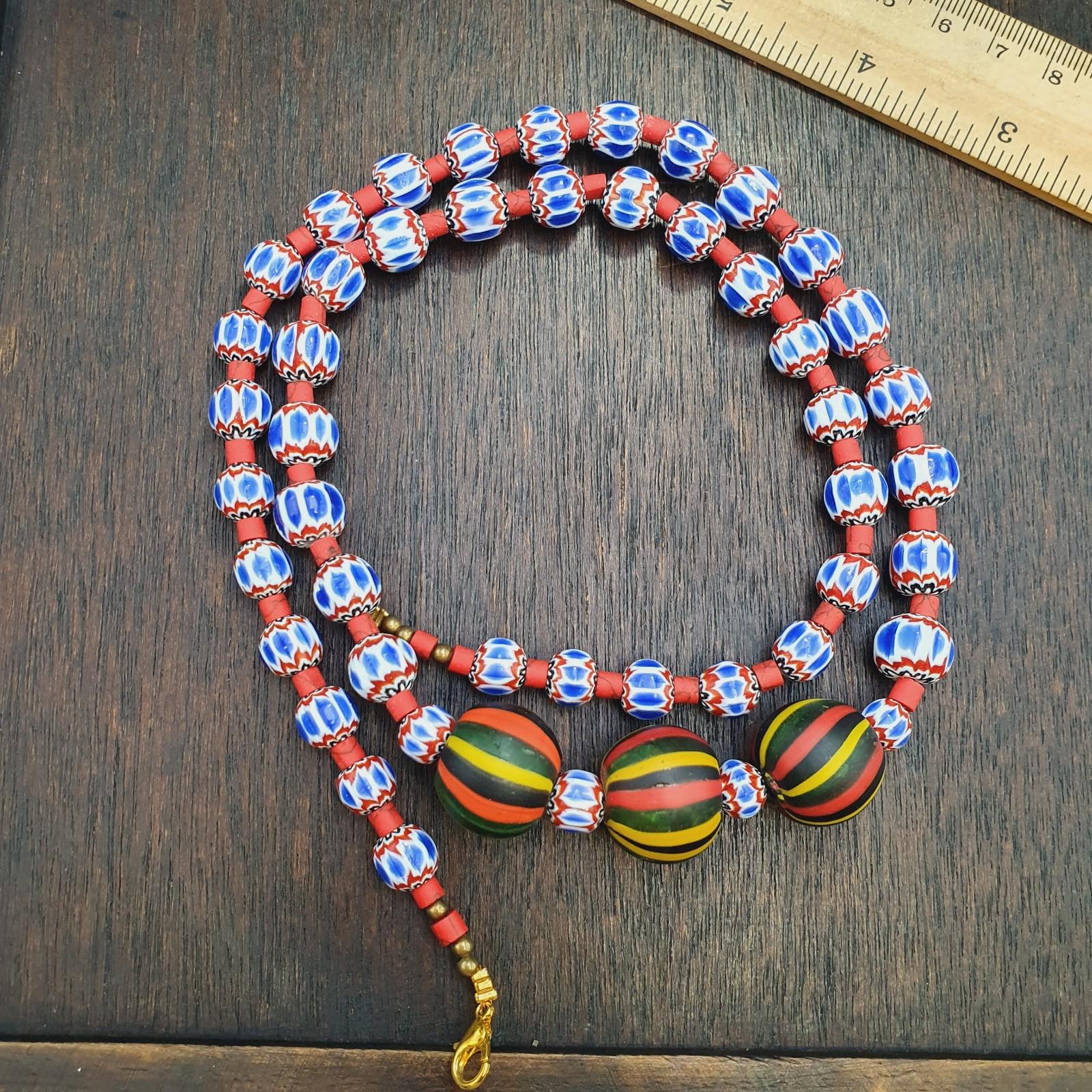 Blue Chevron Glass Beaded Necklace, Multi-Layer Strand