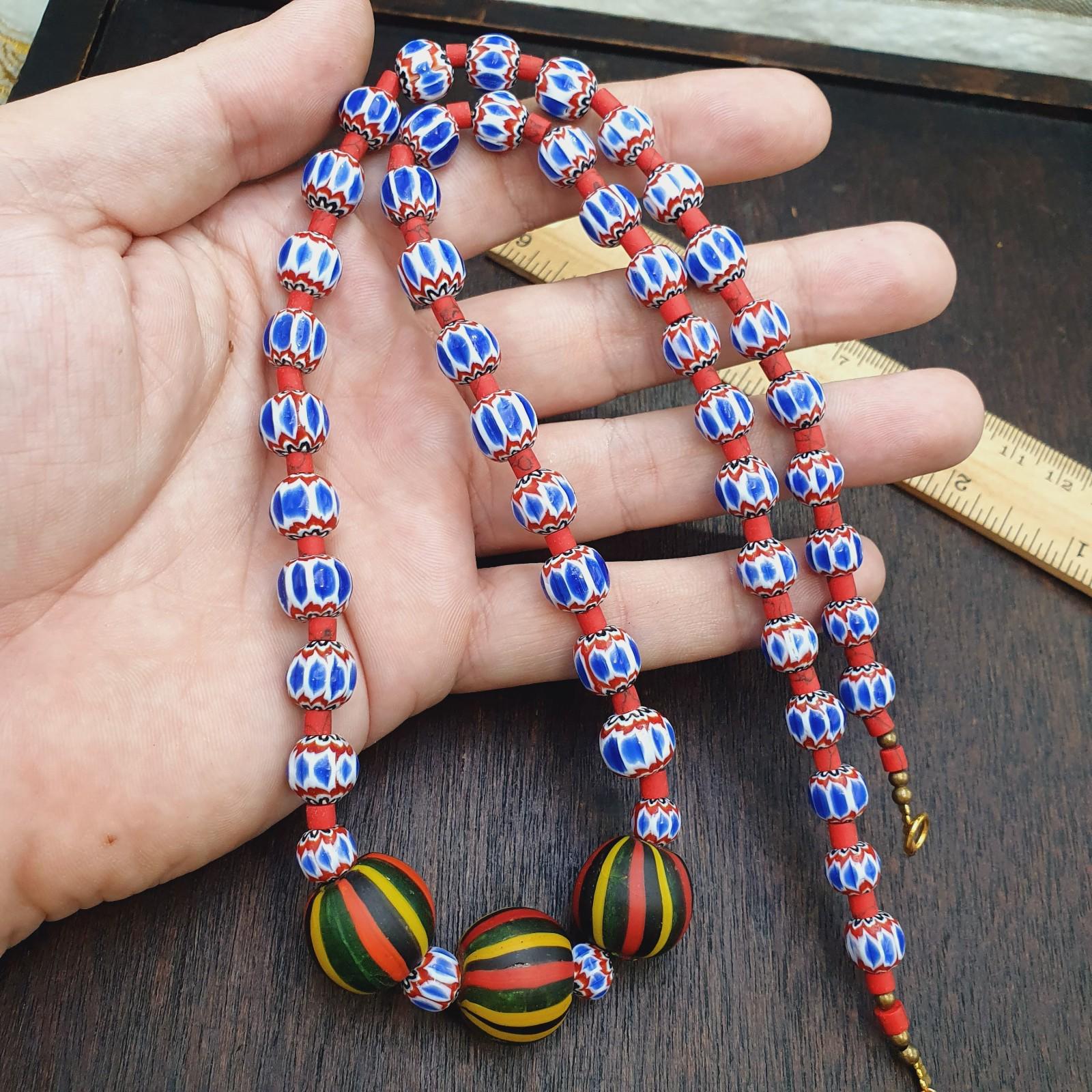 Blue Chevron Glass Beaded Necklace, Multi-Layer Strand