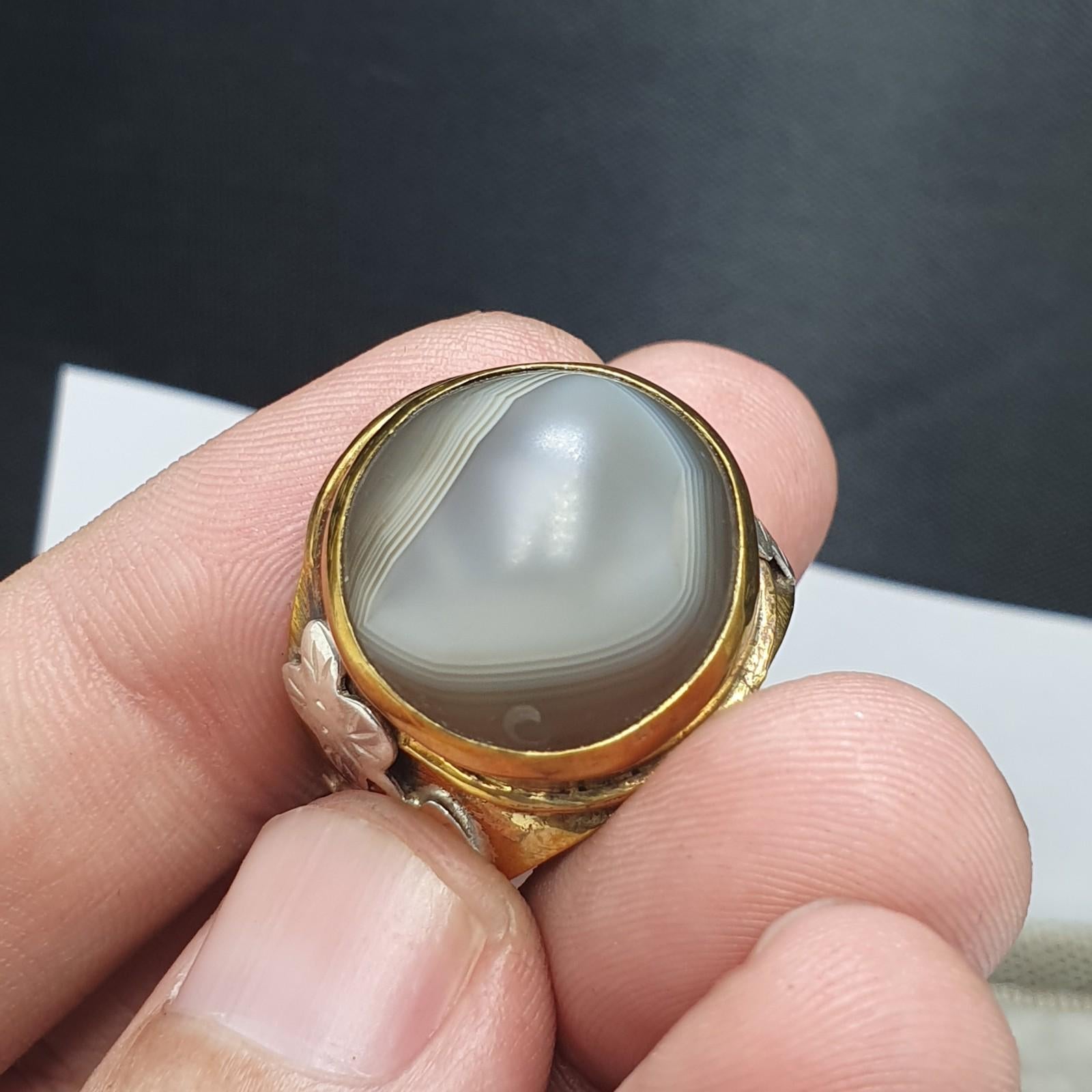 Silver inlay brass ring with tibetan eye agate center stone gold plated