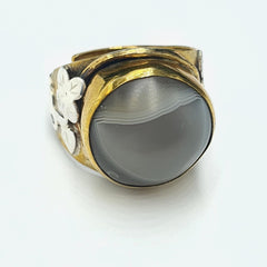 Silver inlay brass ring with tibetan eye agate center stone gold plated