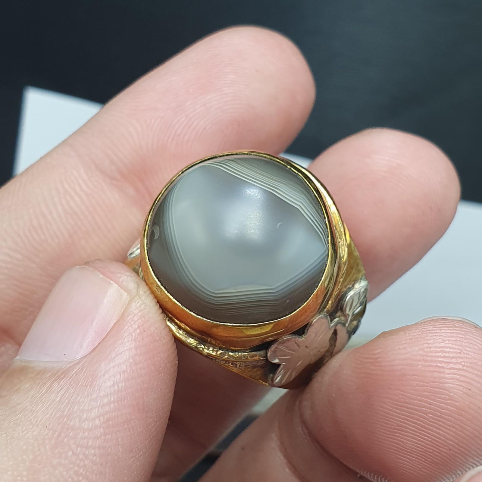 Silver inlay brass ring with tibetan eye agate center stone gold plated