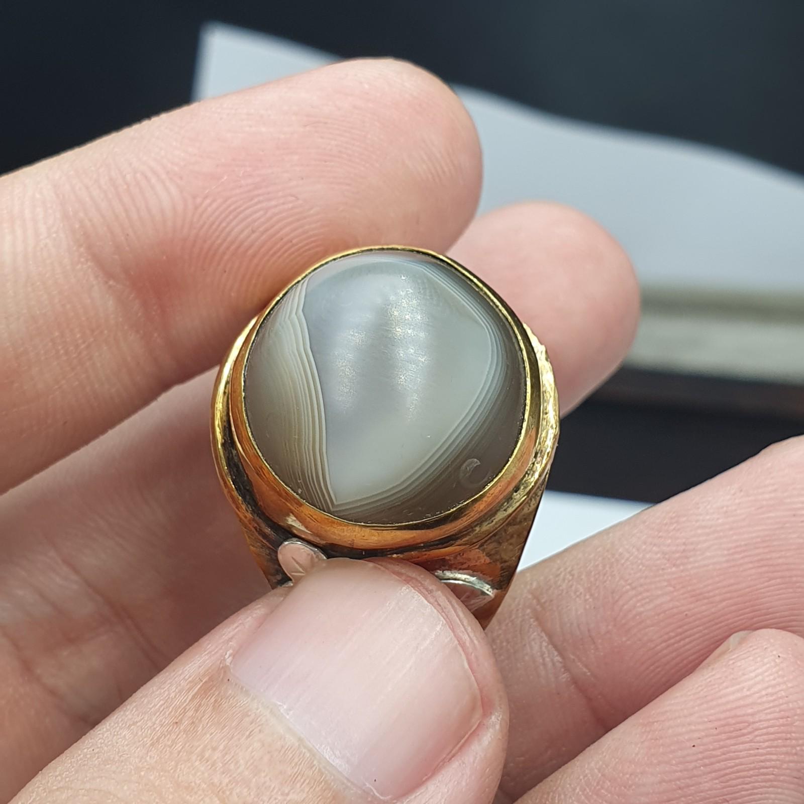 Silver inlay brass ring with tibetan eye agate center stone gold plated