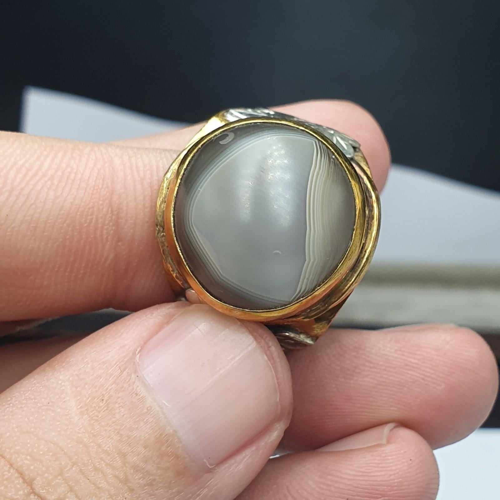Silver inlay brass ring with tibetan eye agate center stone gold plated