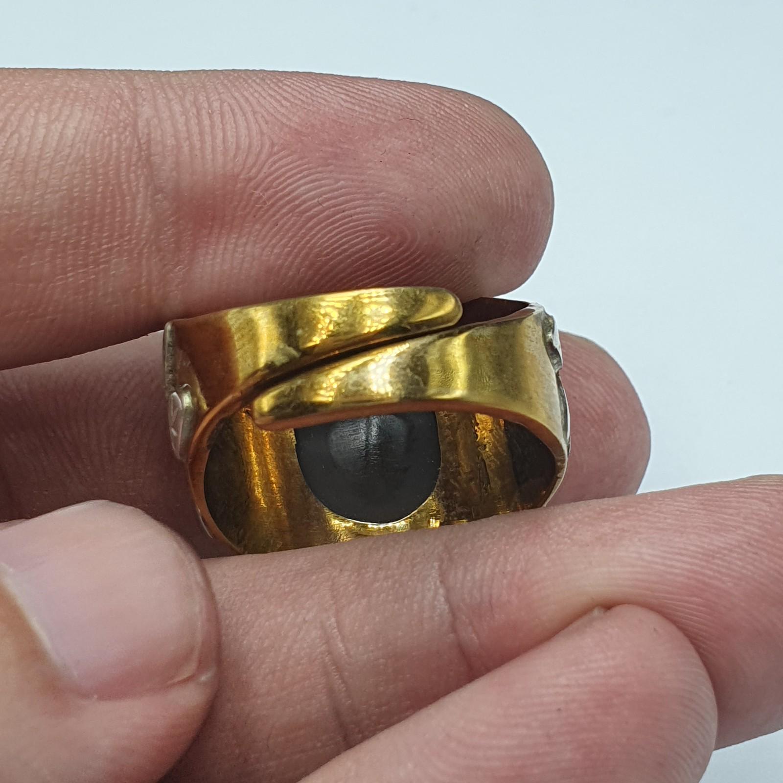 Silver inlay brass ring with tibetan eye agate center stone gold plated