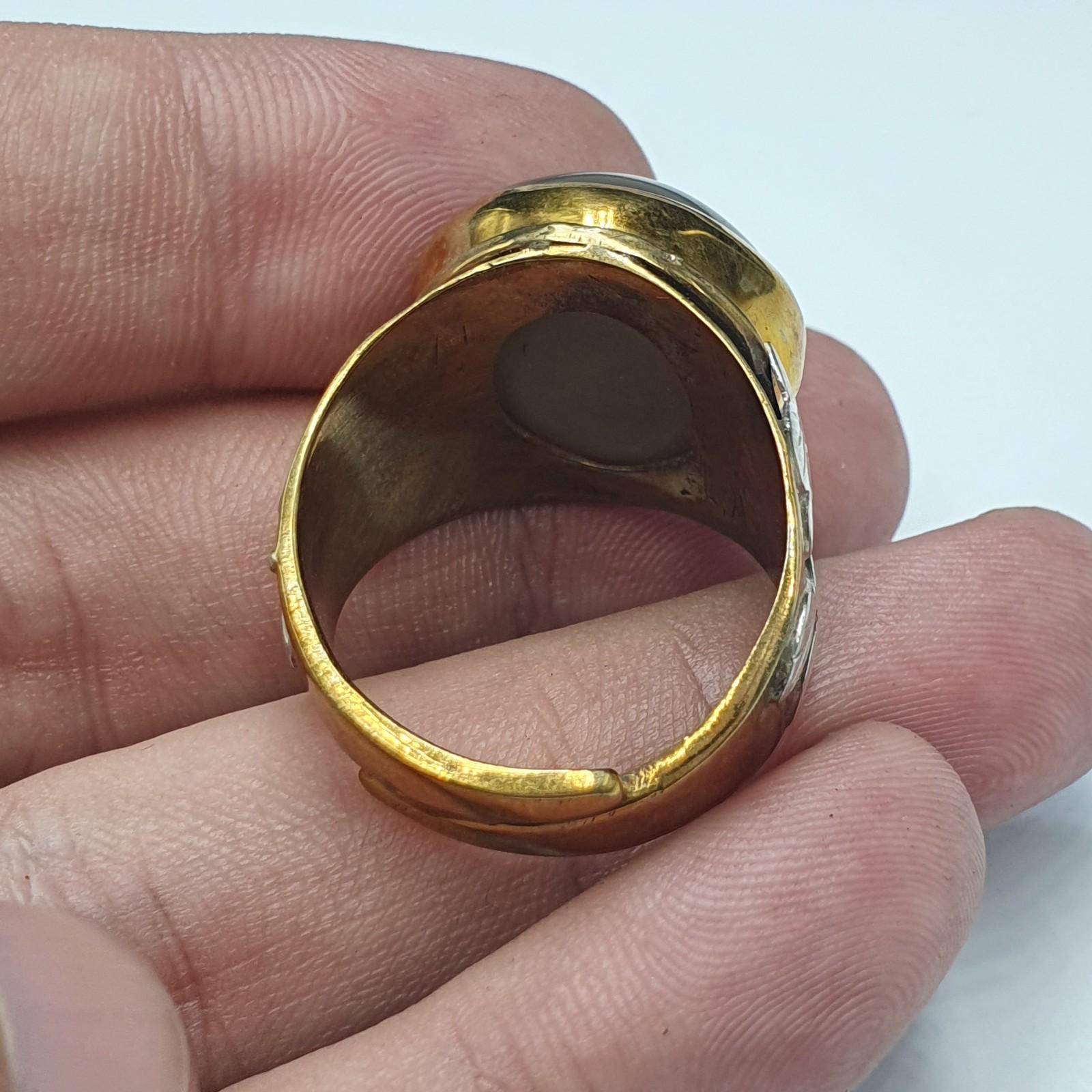 Silver inlay brass ring with tibetan eye agate center stone gold plated