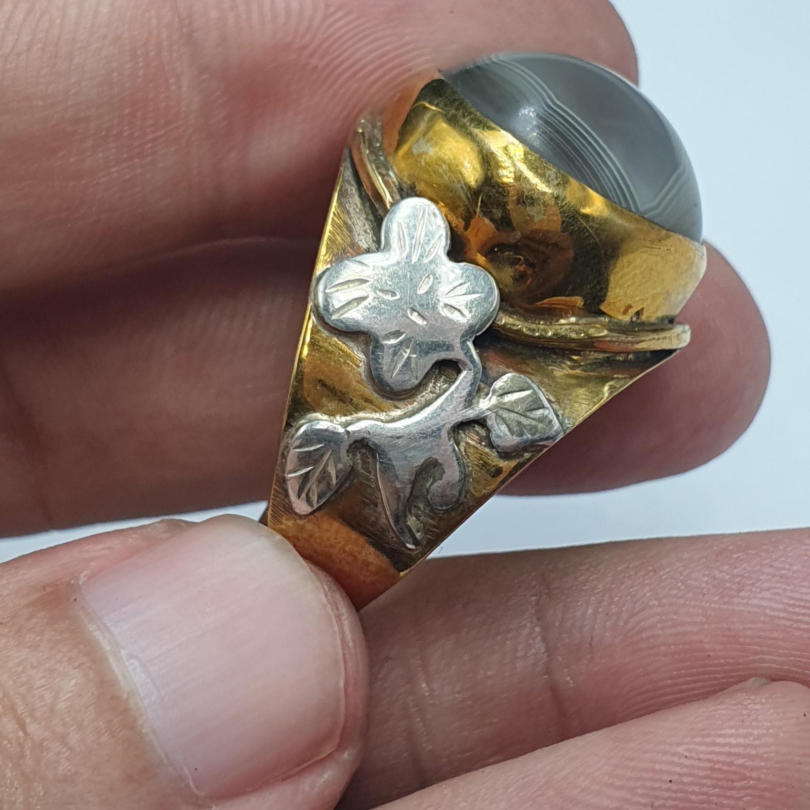 Silver inlay brass ring with tibetan eye agate center stone gold plated
