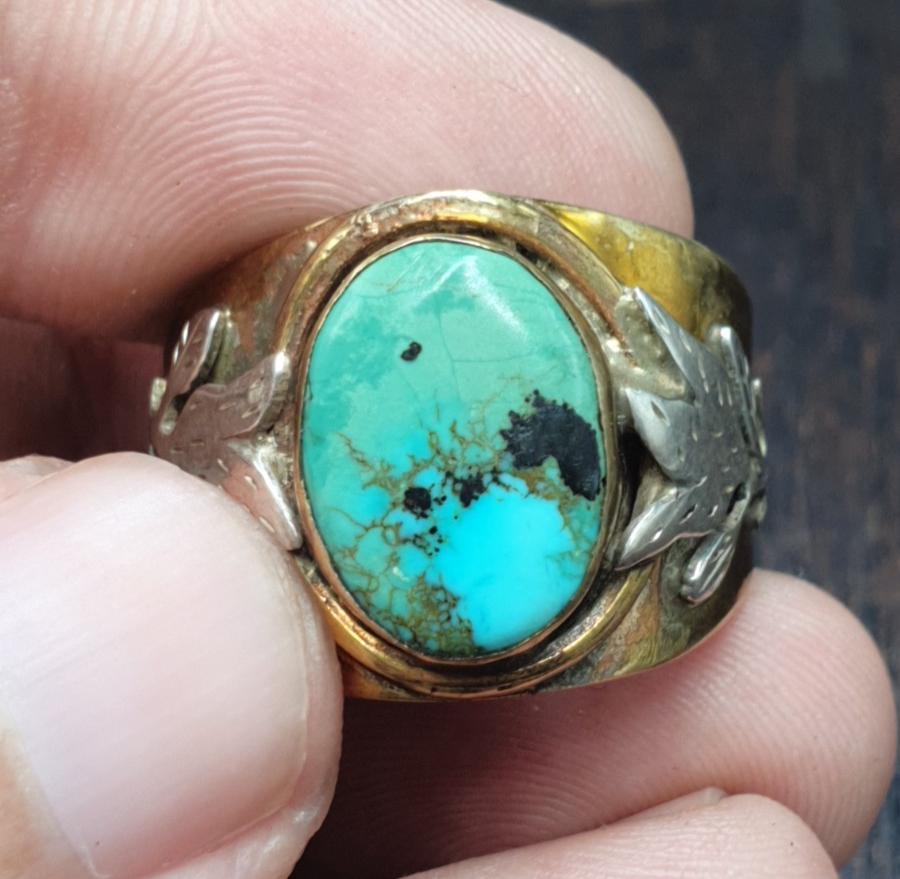 Silver inlay brass ring with arizona turquoise center stone gold plated brass