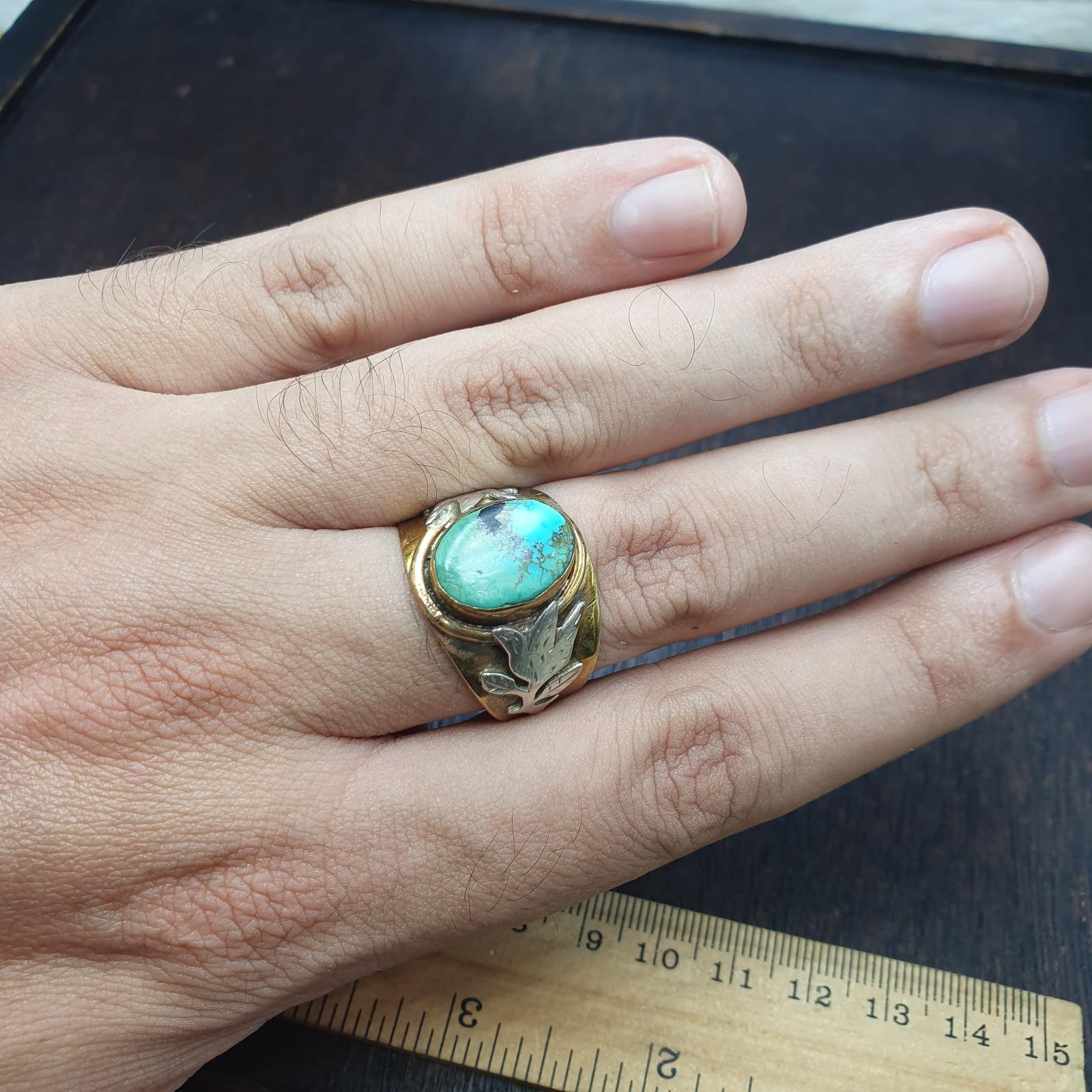 Silver inlay brass ring with arizona turquoise center stone gold plated brass