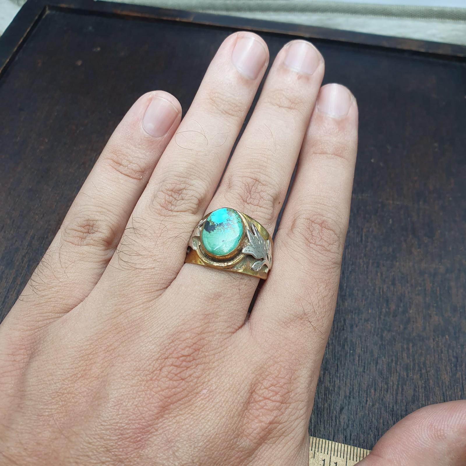 Silver inlay brass ring with arizona turquoise center stone gold plated brass