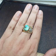 Silver inlay brass ring with arizona turquoise center stone gold plated brass