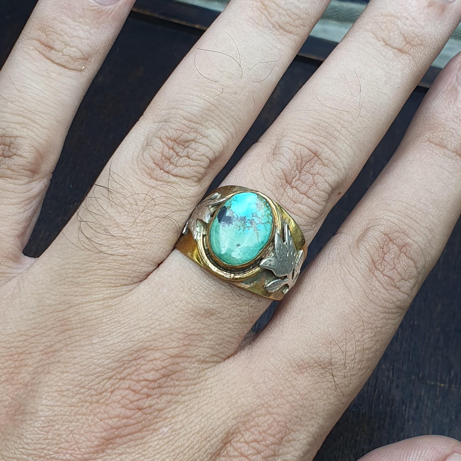 Silver inlay brass ring with arizona turquoise center stone gold plated brass