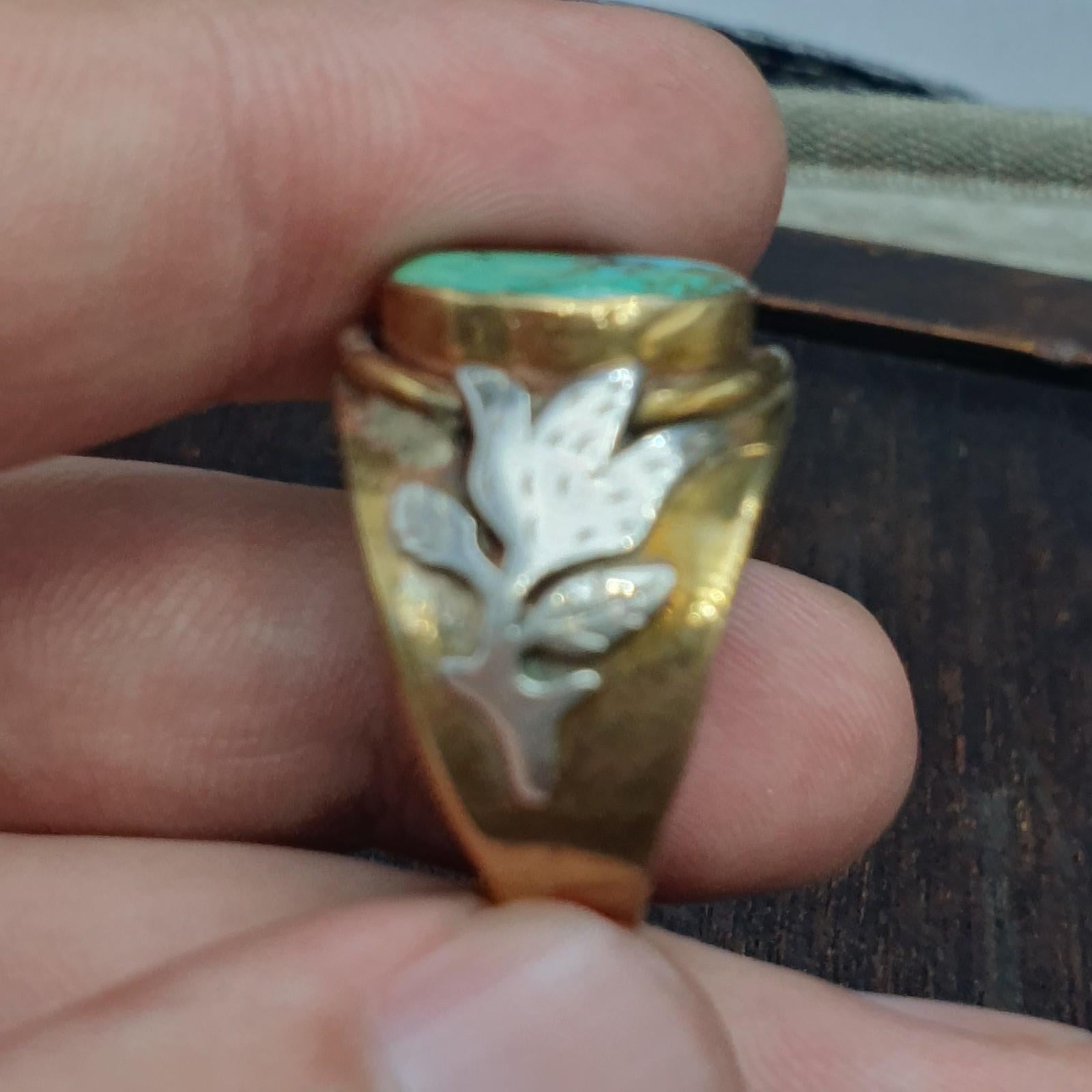 Silver inlay brass ring with arizona turquoise center stone gold plated brass