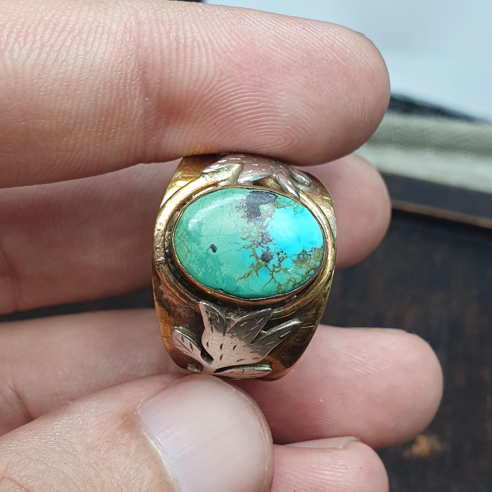 Silver inlay brass ring with arizona turquoise center stone gold plated brass
