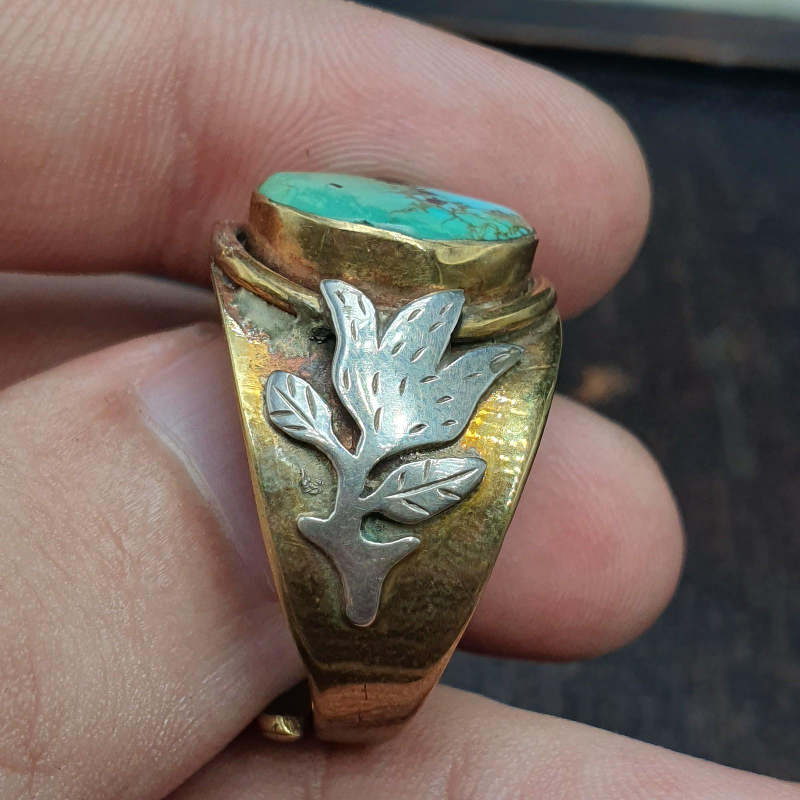 Silver inlay brass ring with arizona turquoise center stone gold plated brass