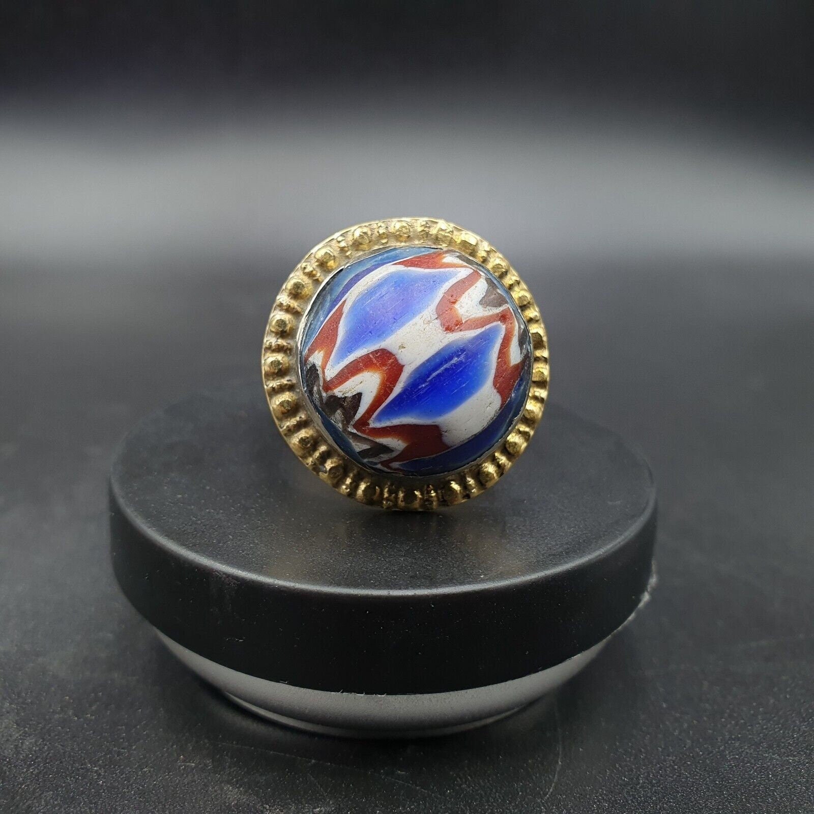 Vintage Chevron Mosaic Glass Brass Ring