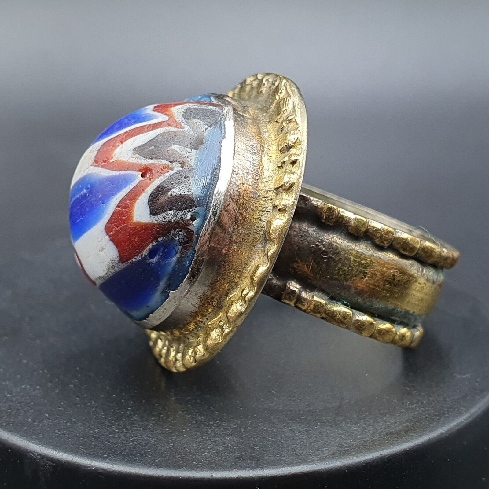 Vintage Chevron Mosaic Glass Brass Ring