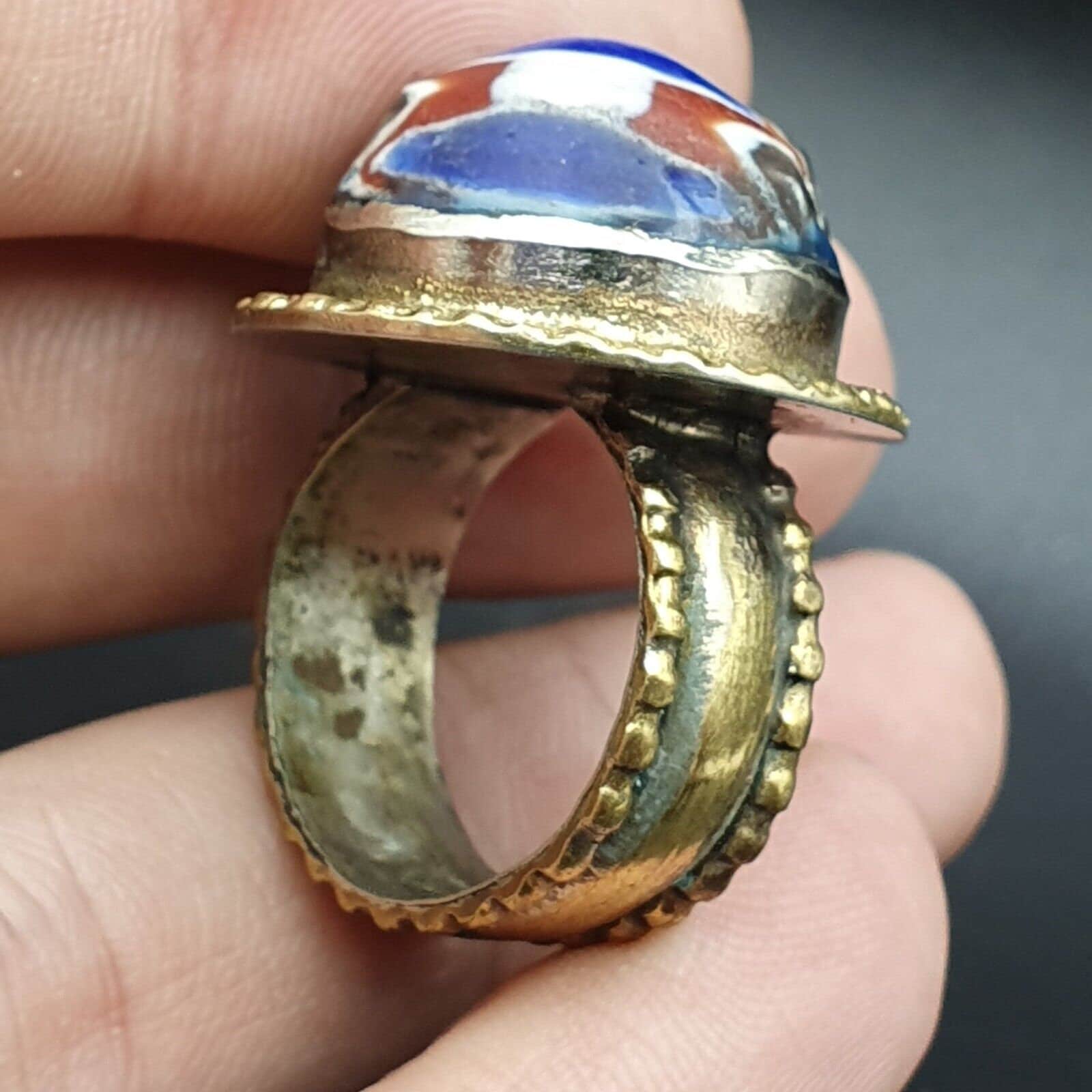 Vintage Chevron Mosaic Glass Brass Ring