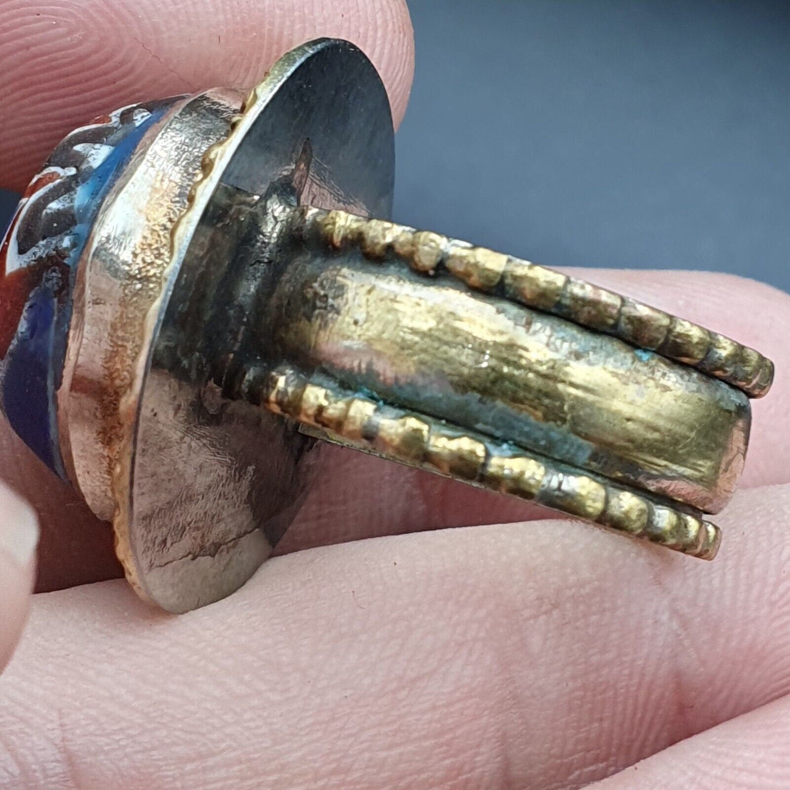 Vintage Chevron Mosaic Glass Brass Ring