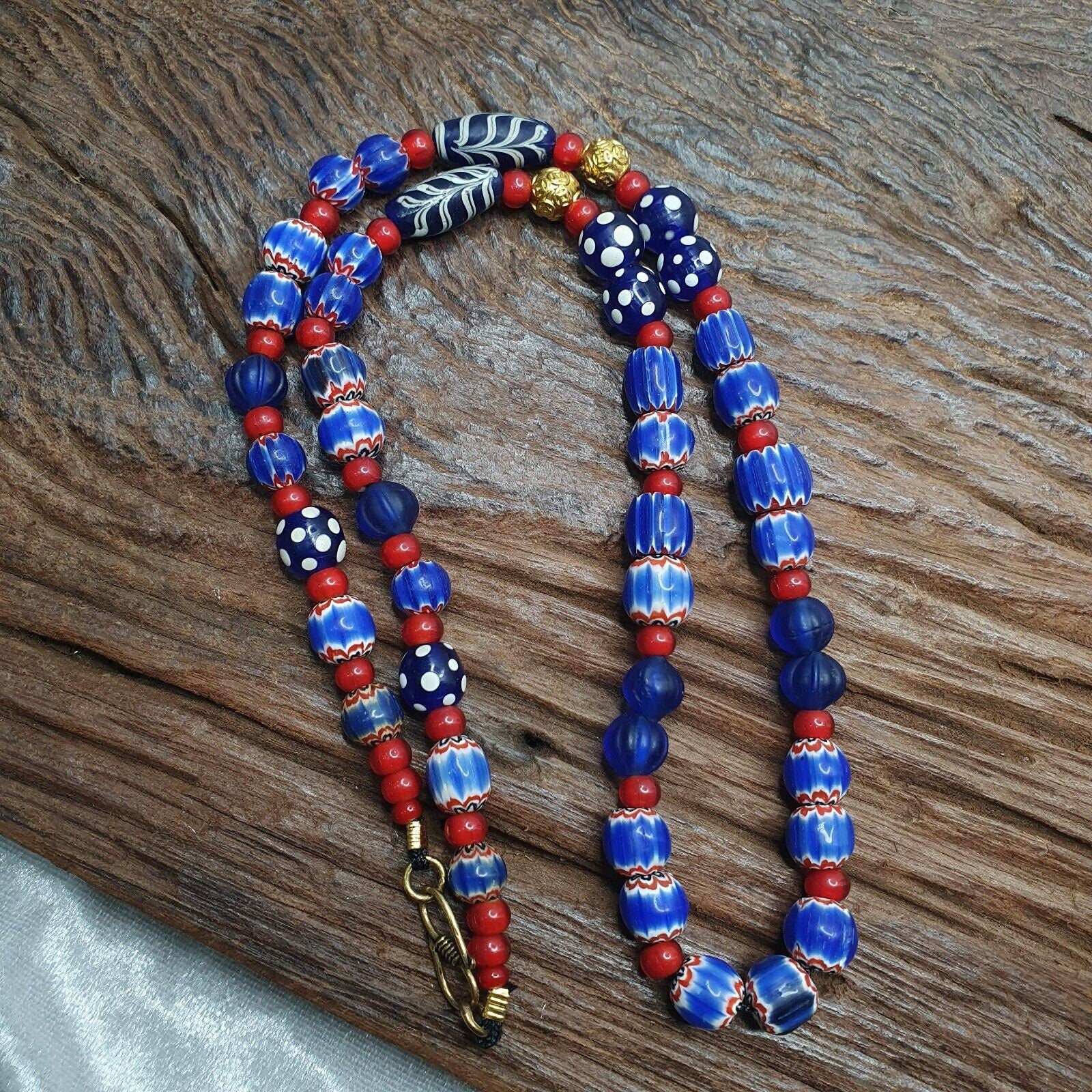 Venetian style mix beads whiteheart, chevron,feather,skunk beads necklace