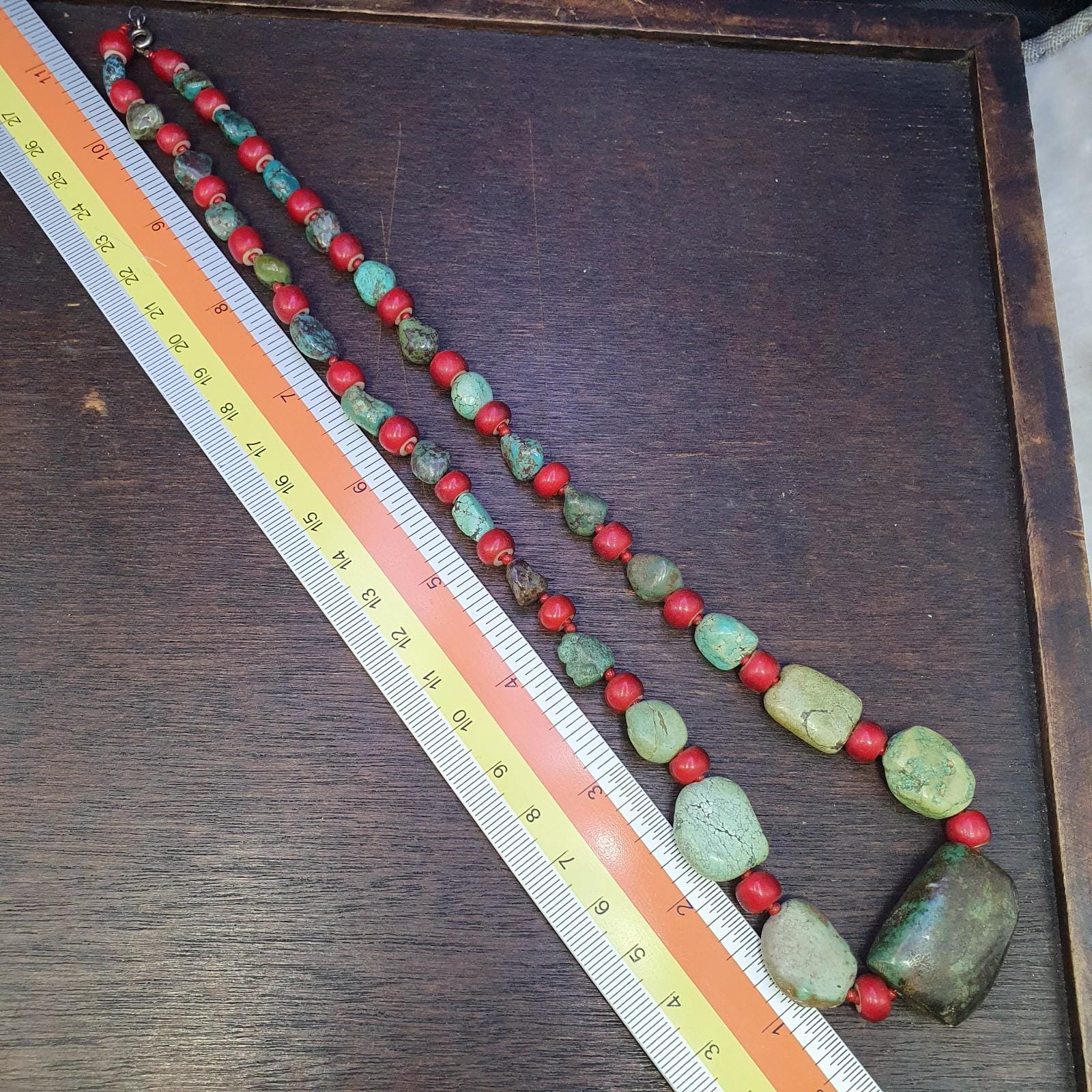 Antique turquoise and red whiteheart beads necklace #j5