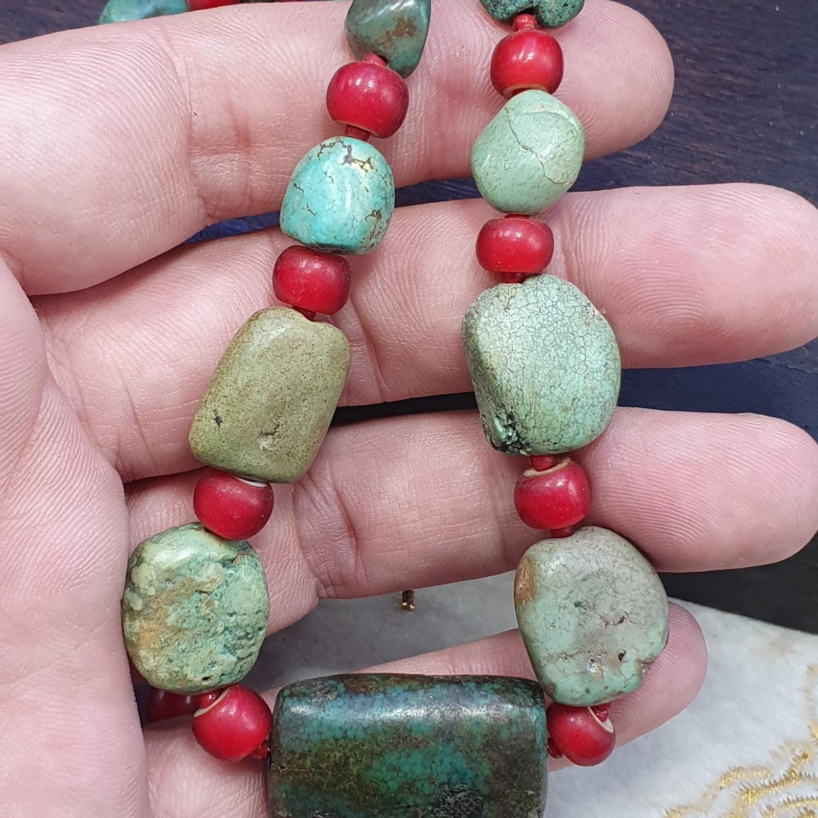 Antique turquoise and red whiteheart beads necklace #j5