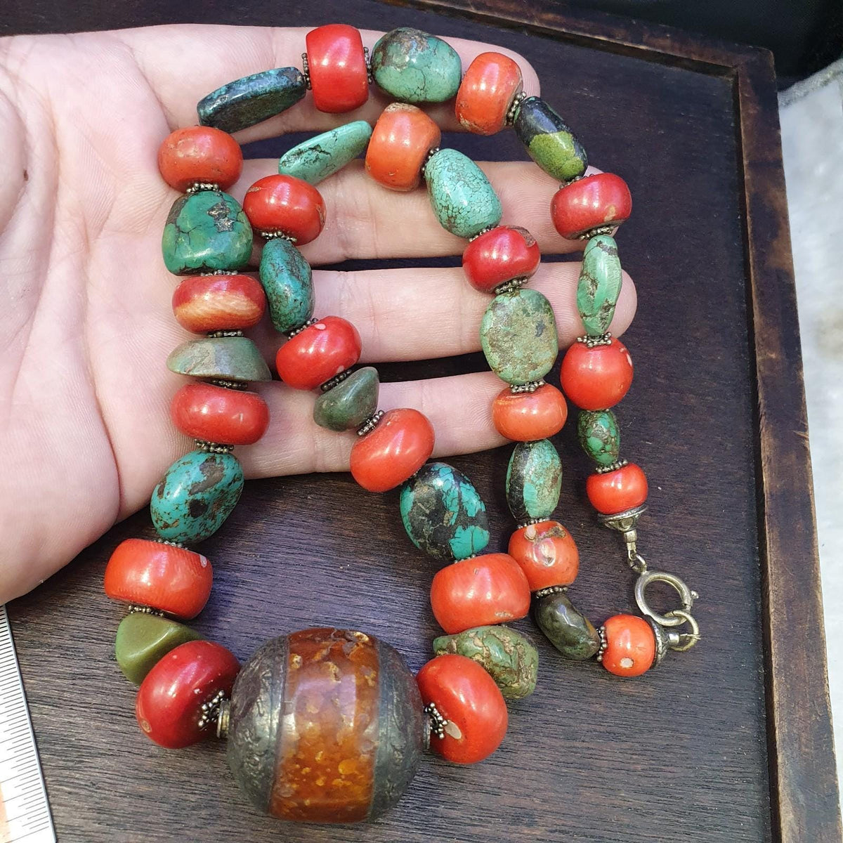 Antique tibetan big silver caped bead, turquoise and coral beaded necklace 168g